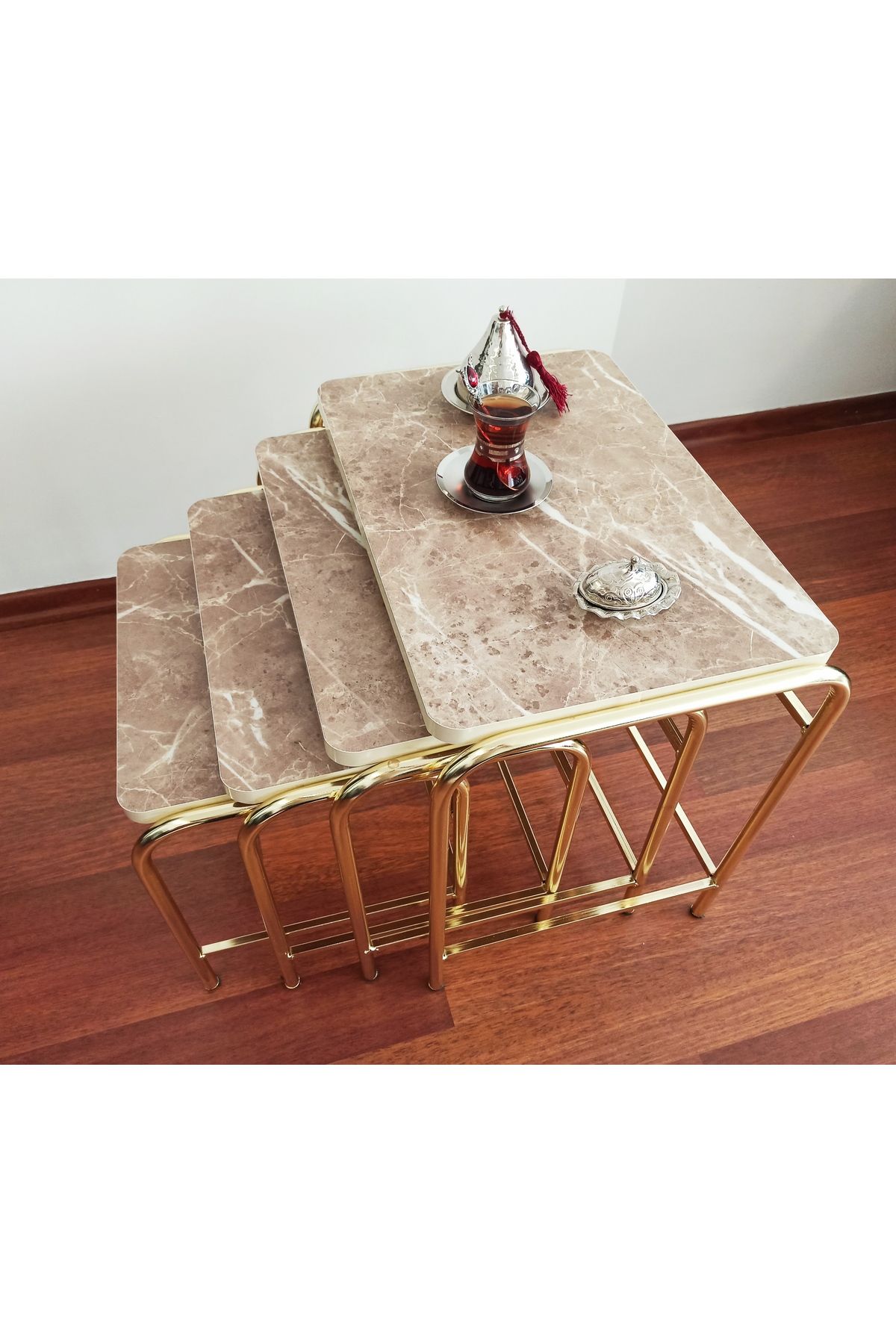 HOMEBELLA Regina Marble Masa4'lü Sehpa Gold T...