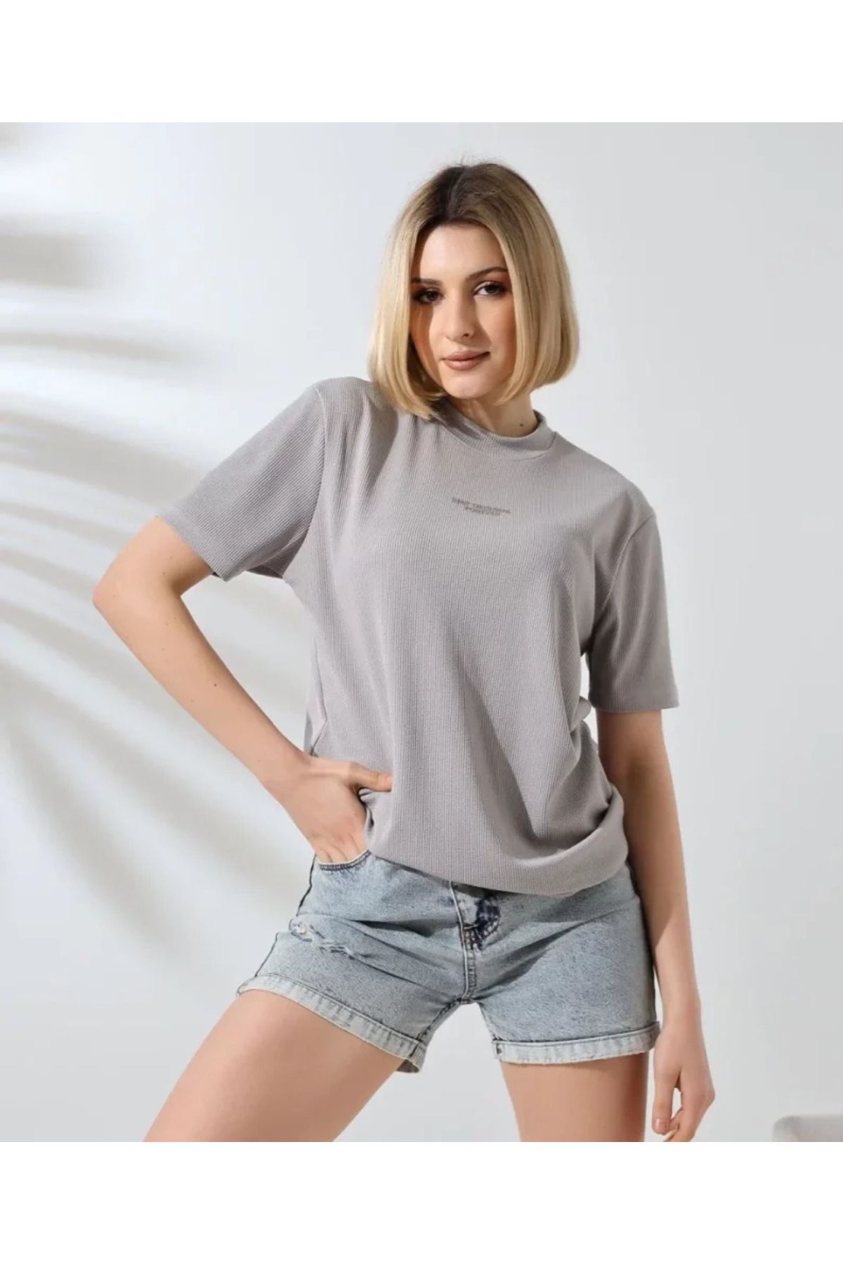 Unisex Bisiklet Yaka Baskılı Slim Fit T-Shirt - Boyalı Gri