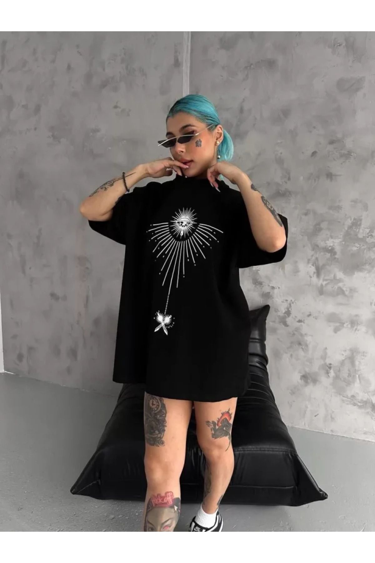 Unisex Bisiklet Yaka Baskılı Oversize T-Shirt - Siyah