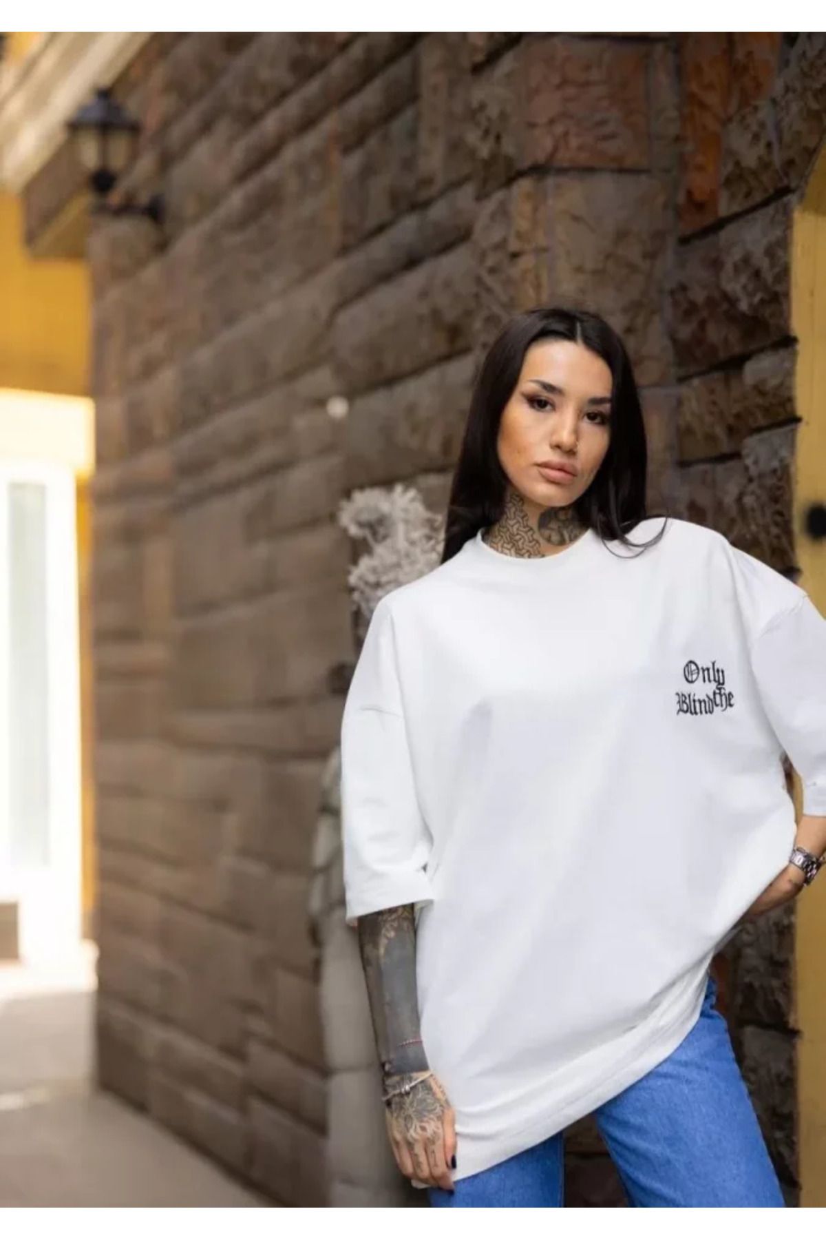 Unisex Bisiklet Yaka Baskılı Oversize T-Shirt - Beyaz