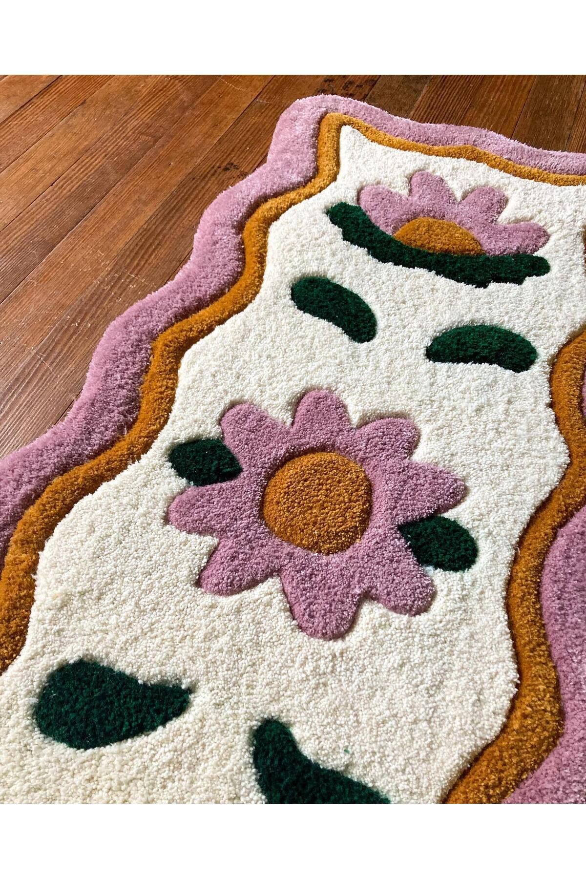 El Yapımı Çiçekli Halı, Bohem Yeşil ve Turuncu Dalgalı Kilim, Retro Estetik Yolluk, Ev Dekoru Hediye