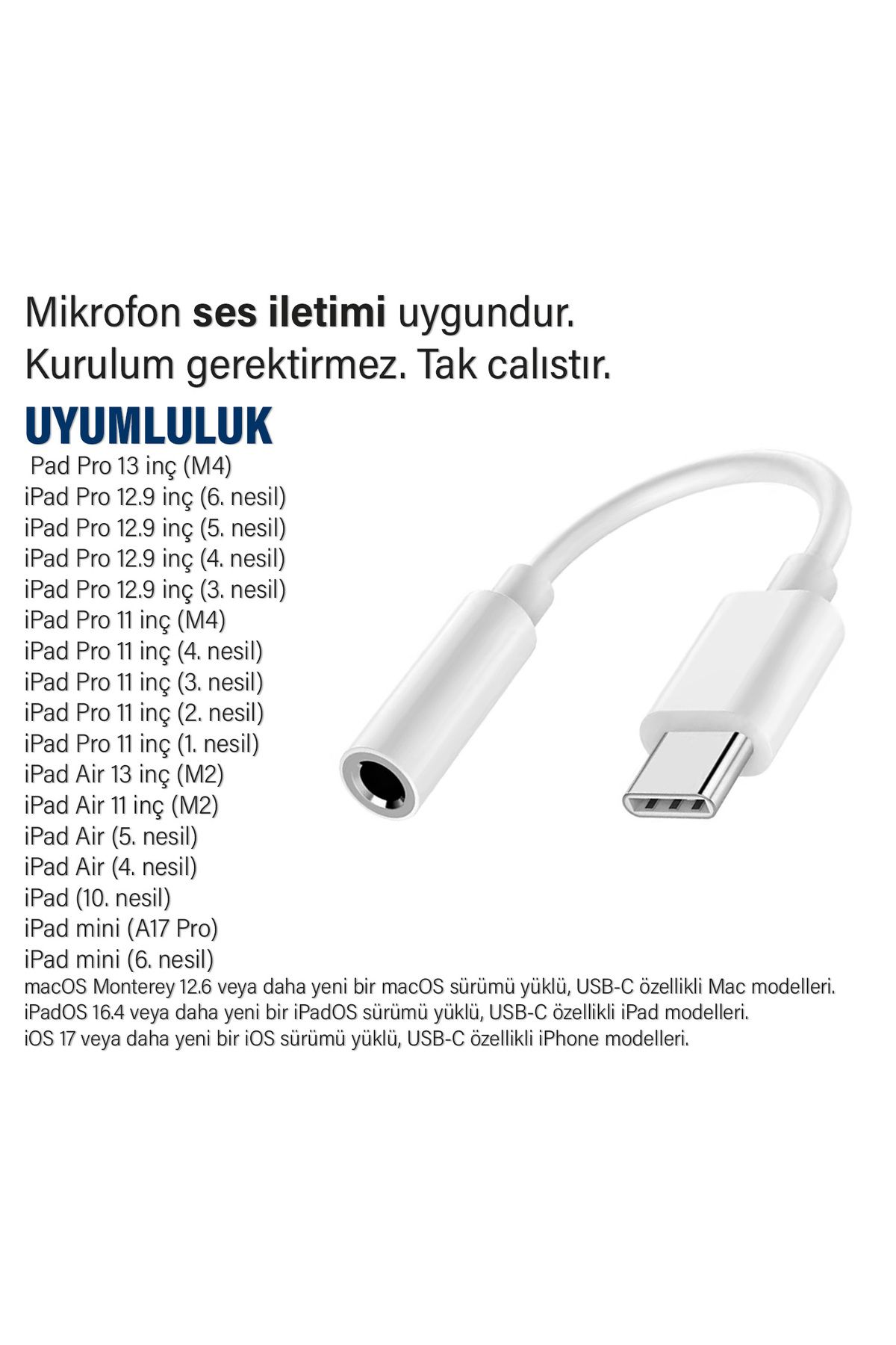 iPad 11 inç M4 1. 2. 3. 4. nesil Uyumlu Kulaklık Dönüştürücüsü Type-C Çevirici Aparat