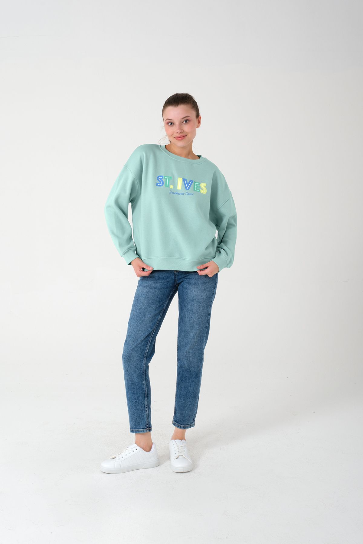 Kadın Su Yeşili Sweatshirt - Şardonlu Pamuklu Kumaş