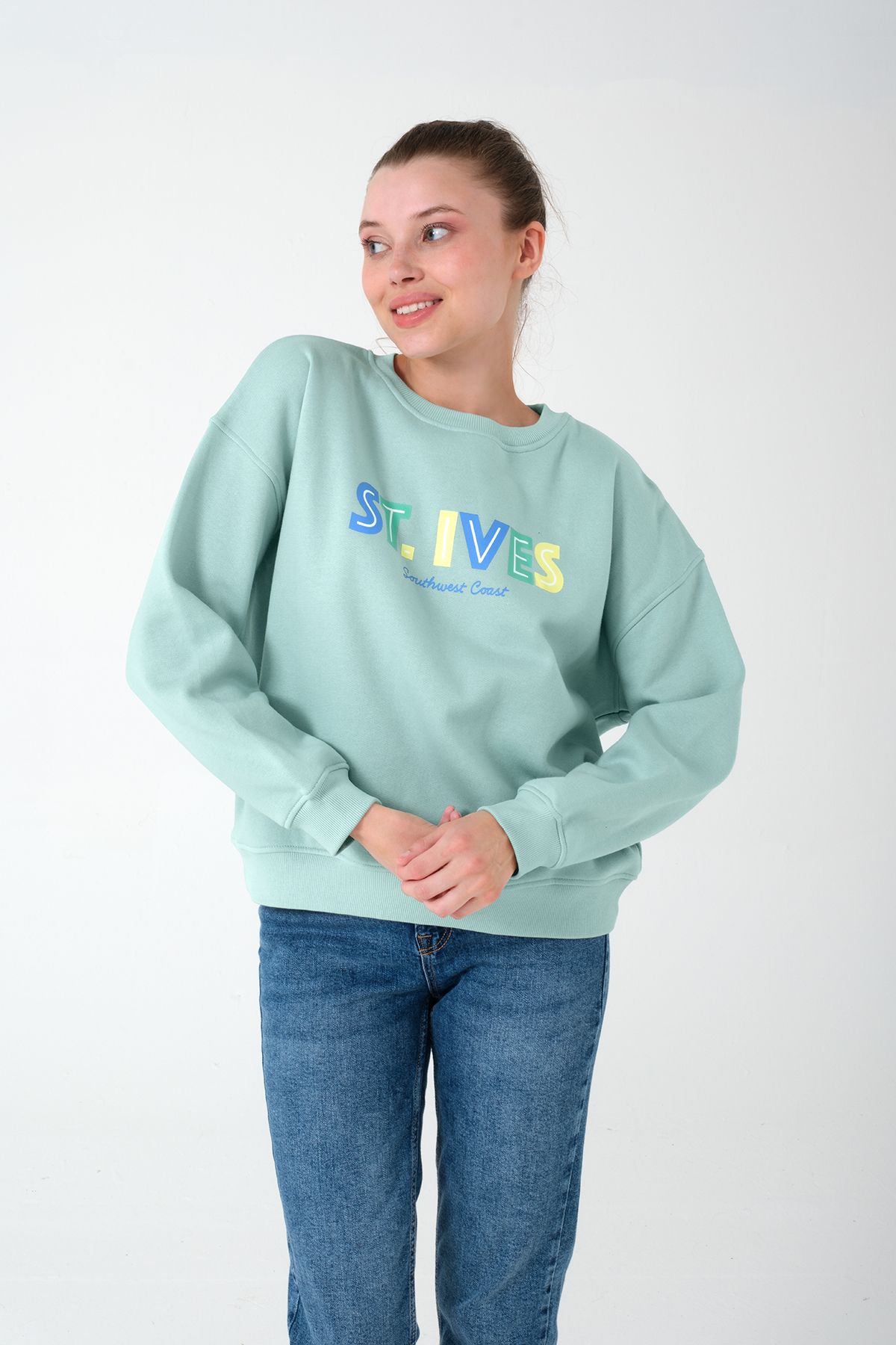 Kadın Su Yeşili Sweatshirt - Şardonlu Pamuklu Kumaş