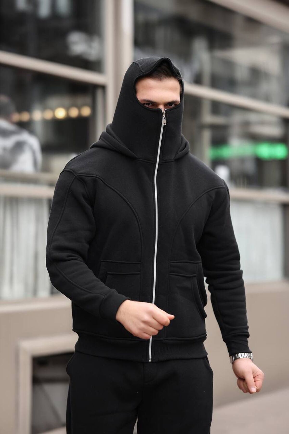 Unisex  Full Fermuarlı Kapüşonlu Ninja Tarzı  Sweatshirt – Maskeli ve Yüksek Konforlu Tasarım