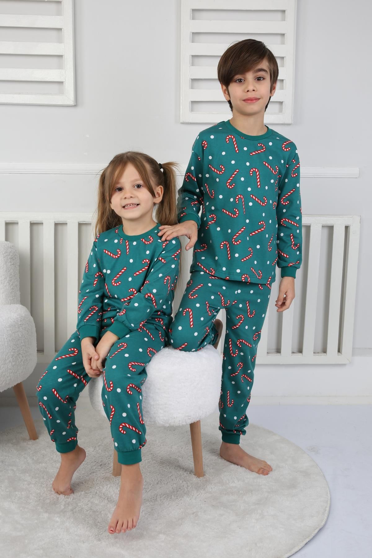 🎄 Yılbaşı Şeker Desenli %100 Pamuk Unisex Çocuk Pijama Takımı 🎄 Yeşil