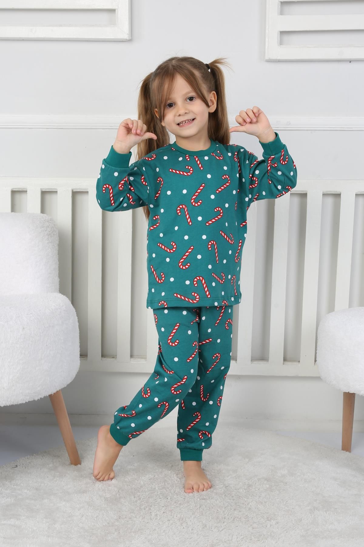 🎄 Yılbaşı Şeker Desenli %100 Pamuk Unisex Çocuk Pijama Takımı 🎄 Yeşil