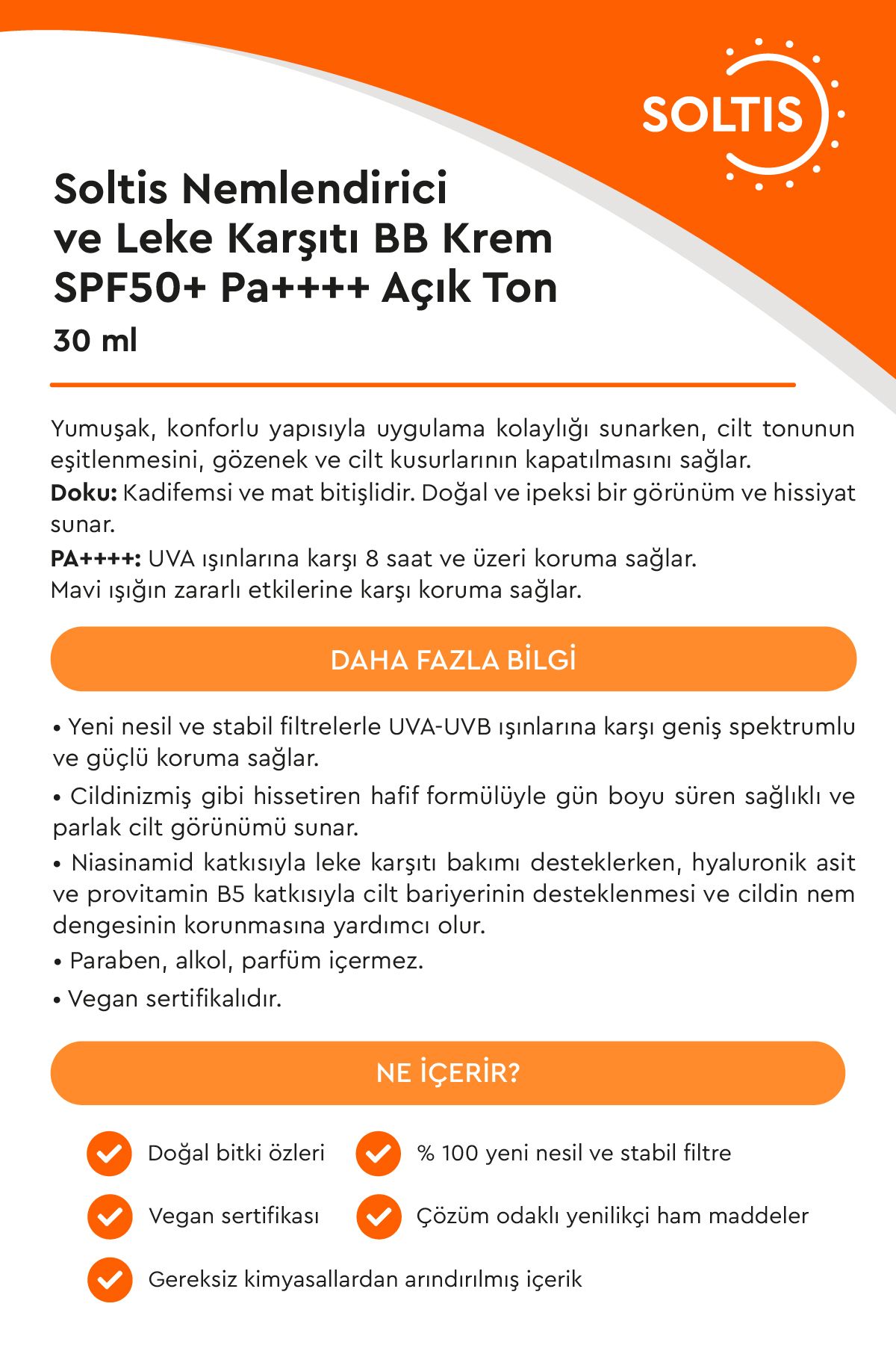 Nemlendirici ve Leke Karşıtı BB Krem SPF50+ Pa++++ Açık Ton, 30 ml