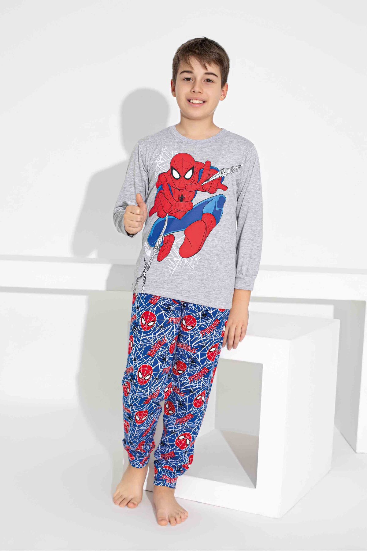 Erkek Çocuk Ve Garson Boy gri Spiderman Penye Süprem Pijama Takımı