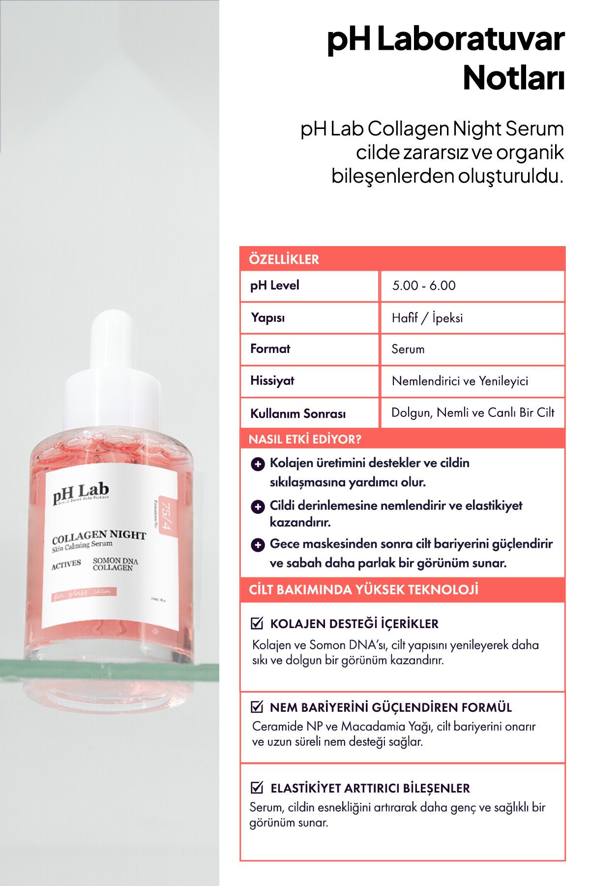 Collagen Night Serum, Kolajen ve Somon DNA'lı Gece Yüz Bakım Serumu, Porselen Cilt Serumu