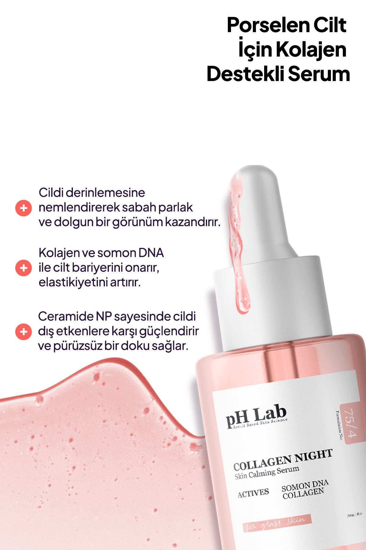 Collagen Night Serum, Kolajen ve Somon DNA'lı Gece Yüz Bakım Serumu, Porselen Cilt Serumu