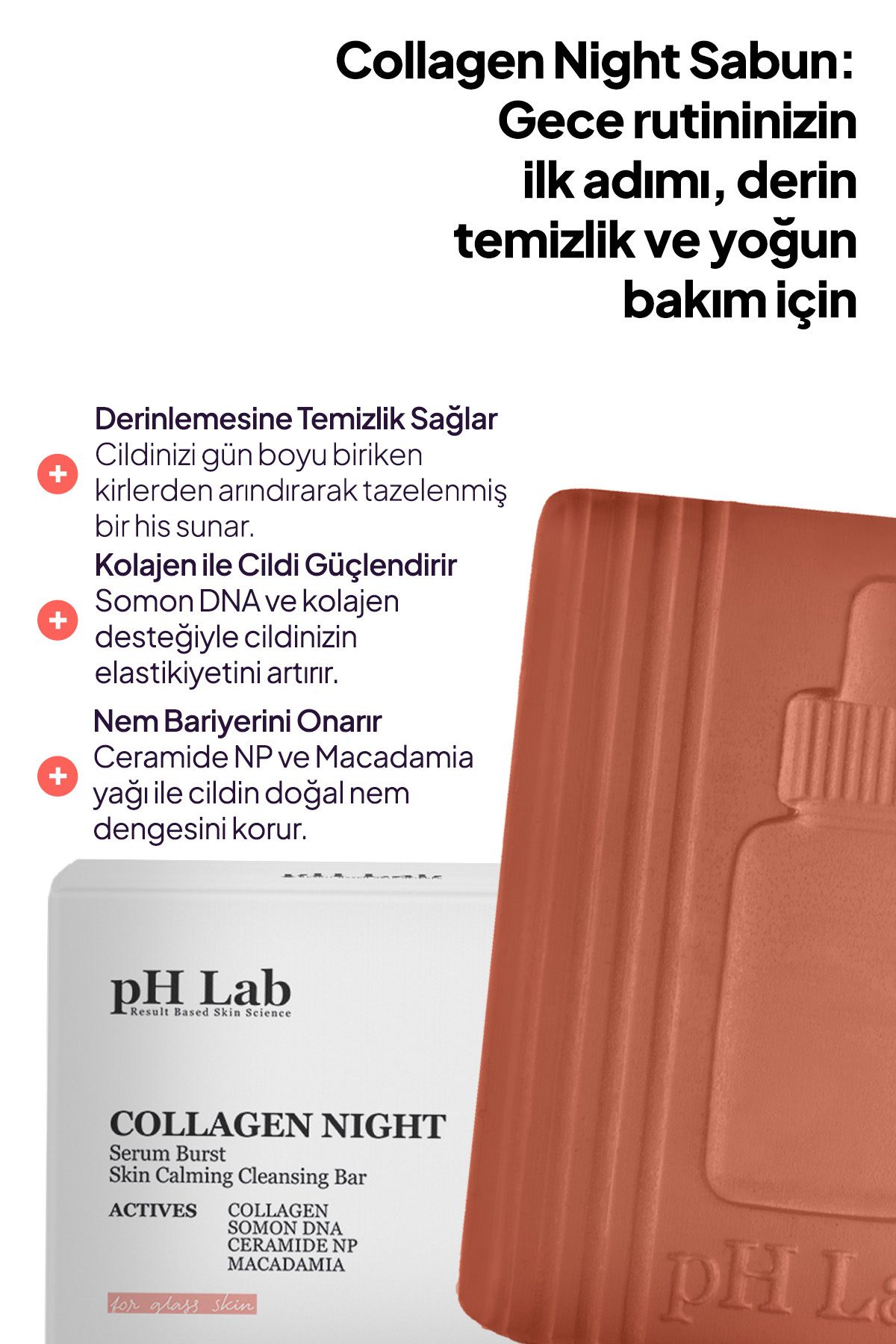 Phlab Collagen Night Kolajen ve Somon DNA'lı Gece Yüz Bakım Barı, Kolajen Sabunu, Porselen Cam Cilt