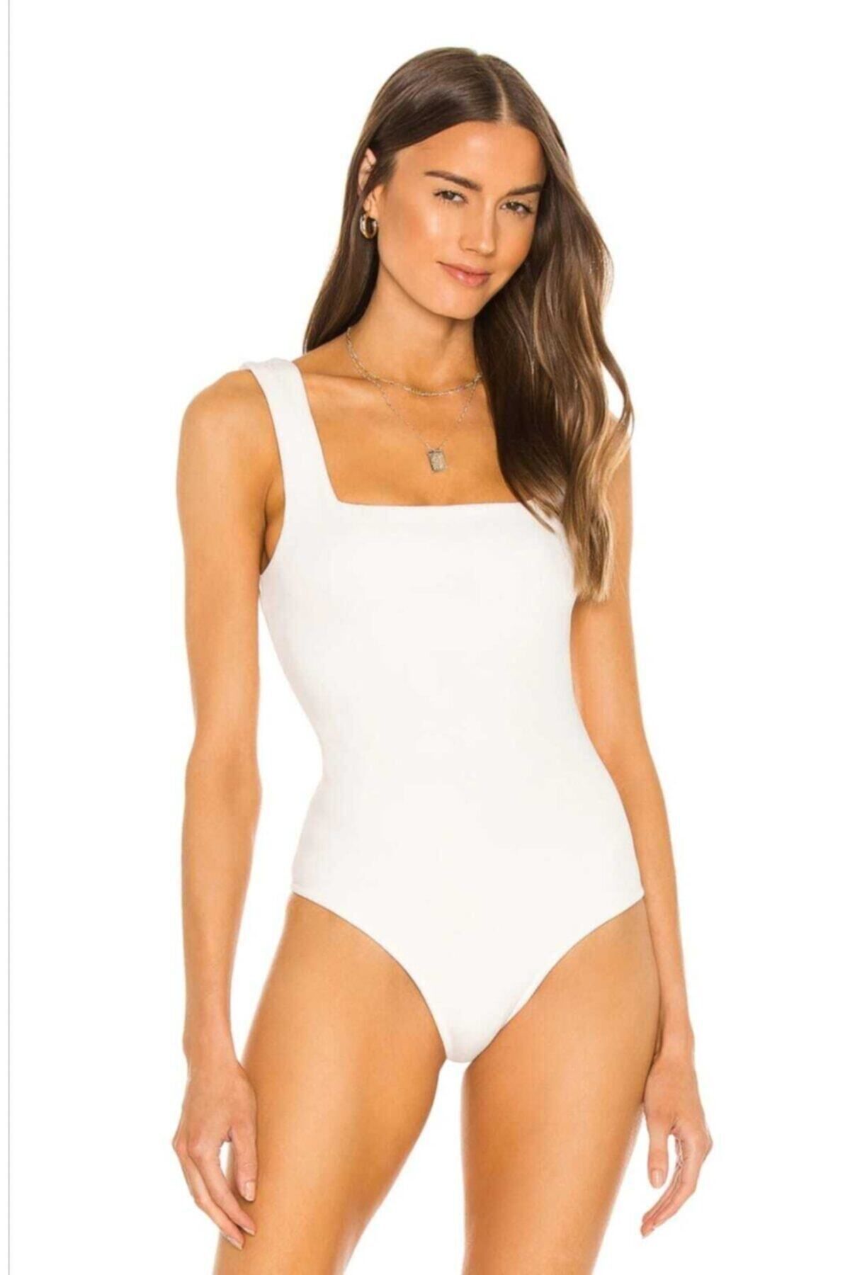 Kadın Beyaz Kalın Askılı Kare Yaka Ipek Jarse Bodysuit