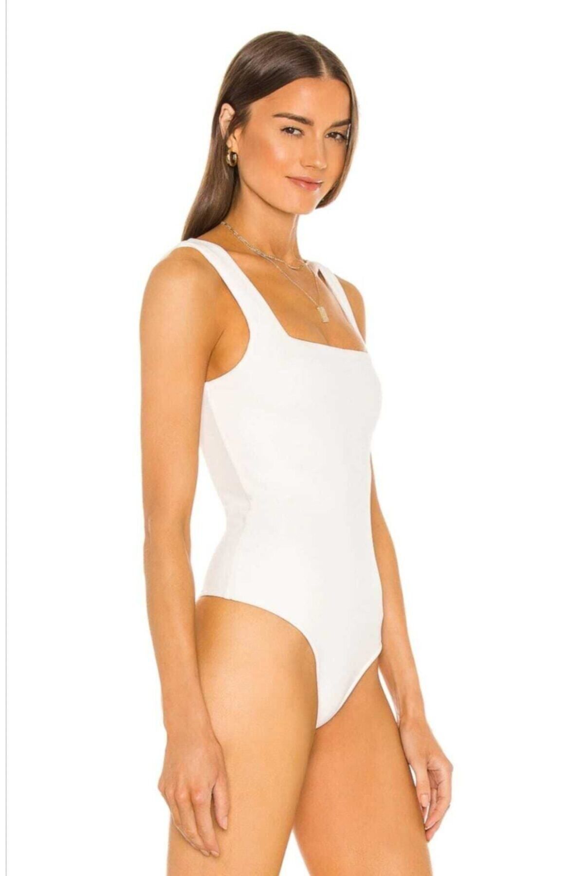 Kadın Beyaz Kalın Askılı Kare Yaka Ipek Jarse Bodysuit