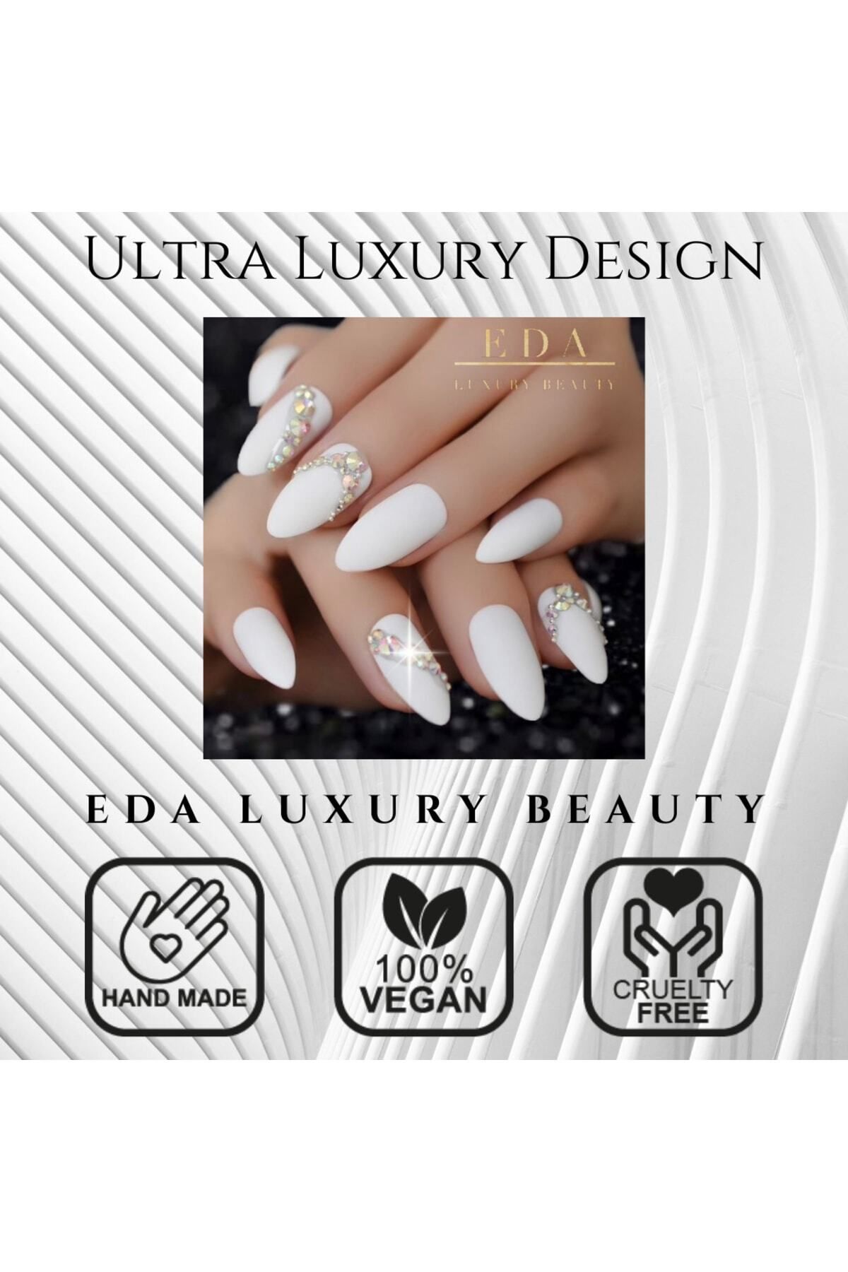 24'lü Beyaz Mat Takma Tırnak Lüks 3d Kristal Taşlı Uzun Badem Stiletto Press On Nails Art Set