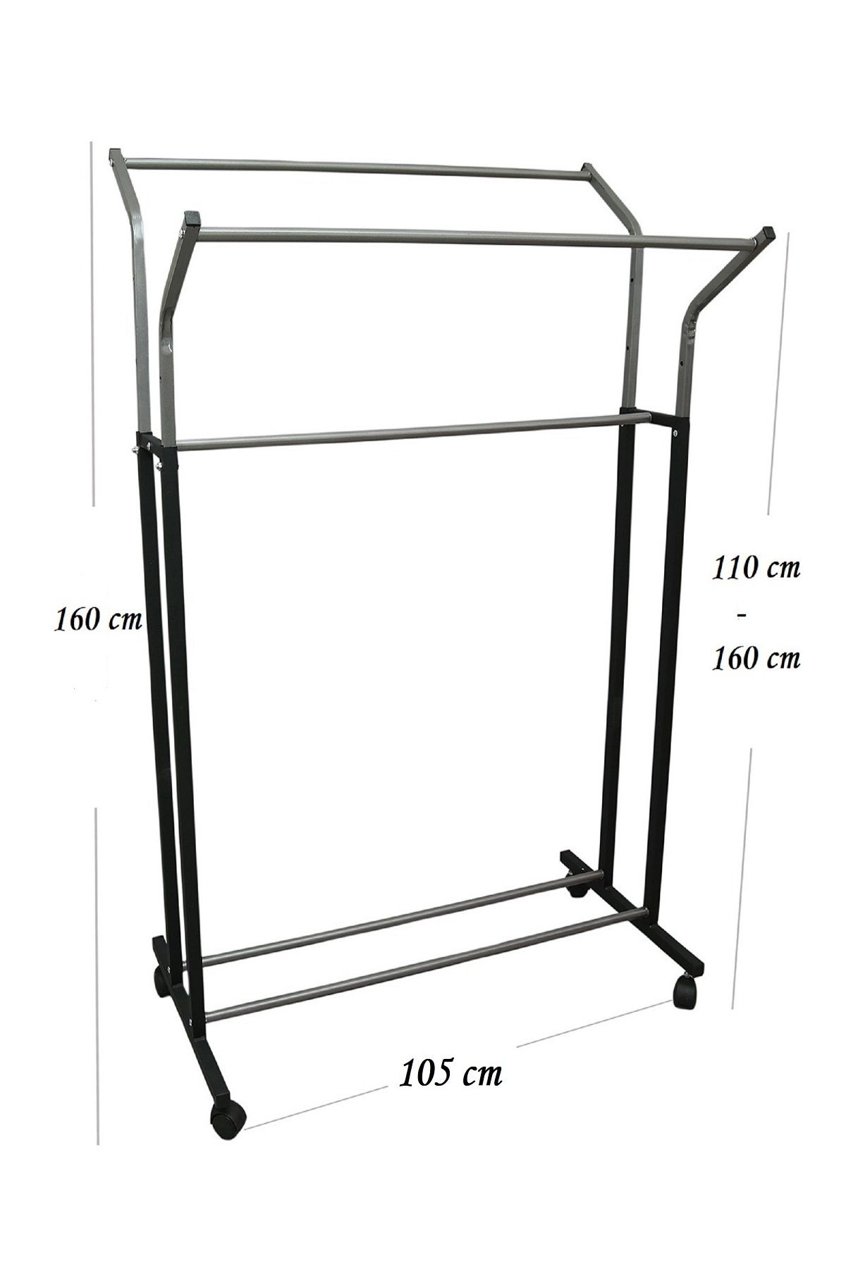 V Ayarlı 105 cm En Çelik Metal Konfeksiyon Elbise Askılık Tekerlekli Portatif Eşek Vitrin Raf