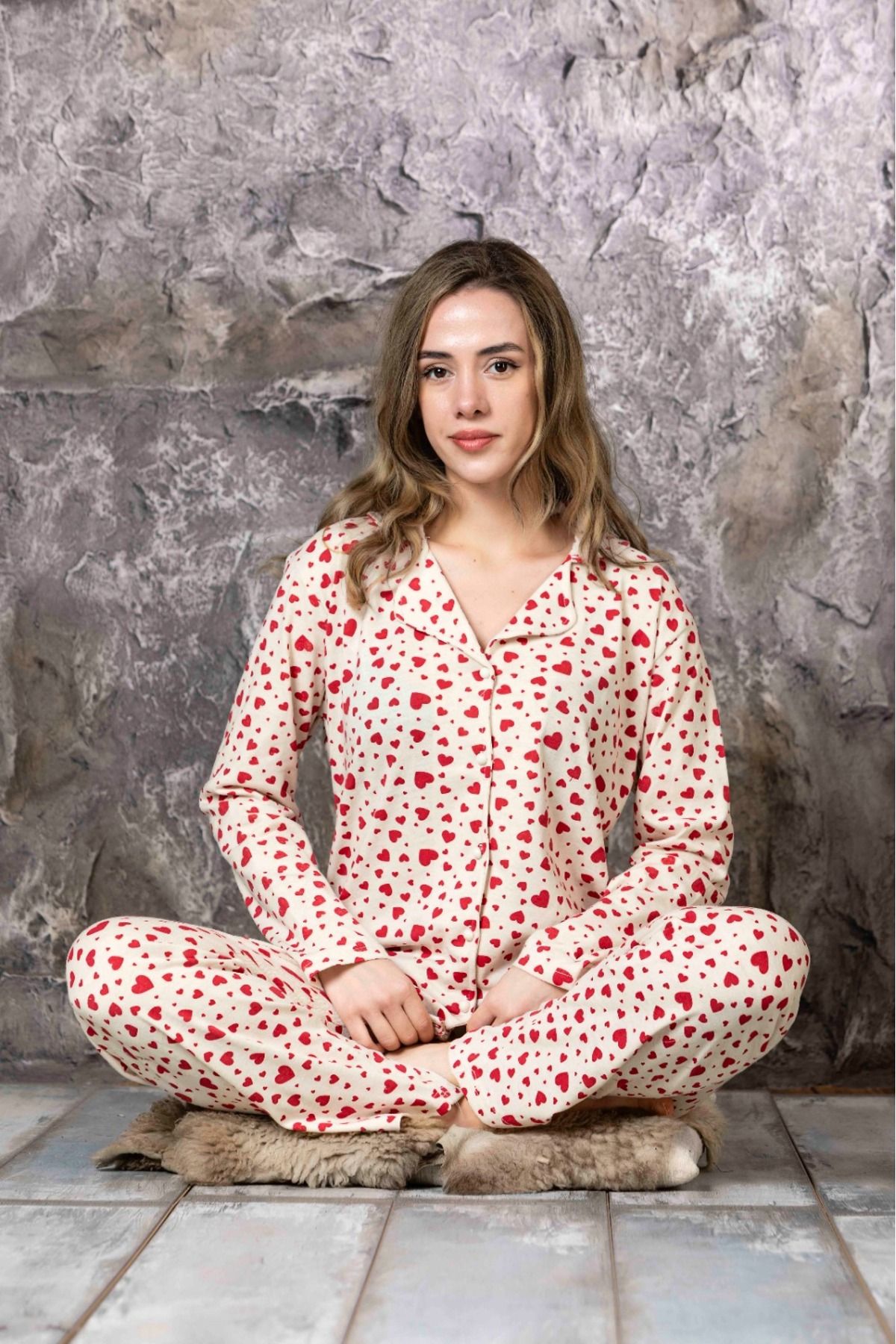 Kadın Kalp Desenli Uzun Kol Gömlek Pijama Takımı