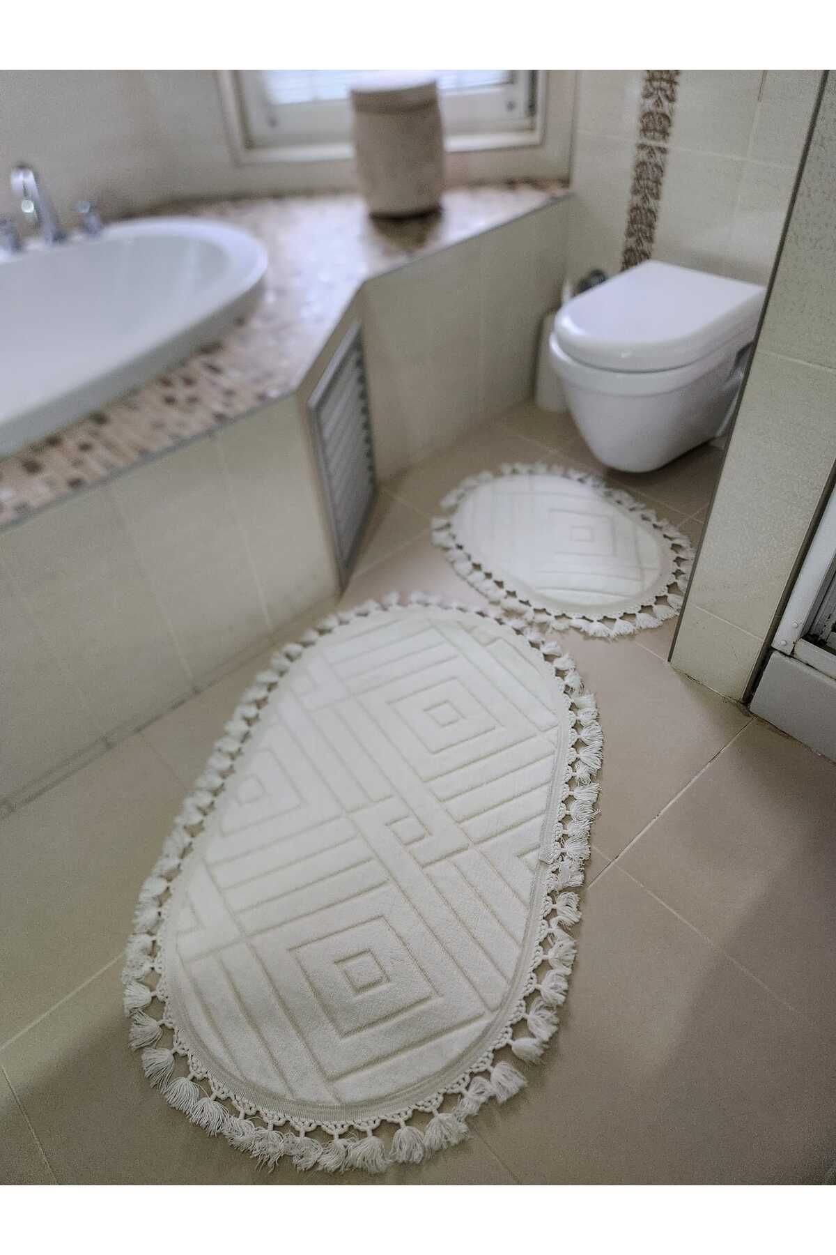 Yıkanabilir Saçaklı Kaymaz Dot Taban Yumuşak Desenli Banyo Paspası 2'li Set 60x100ve40x60cm