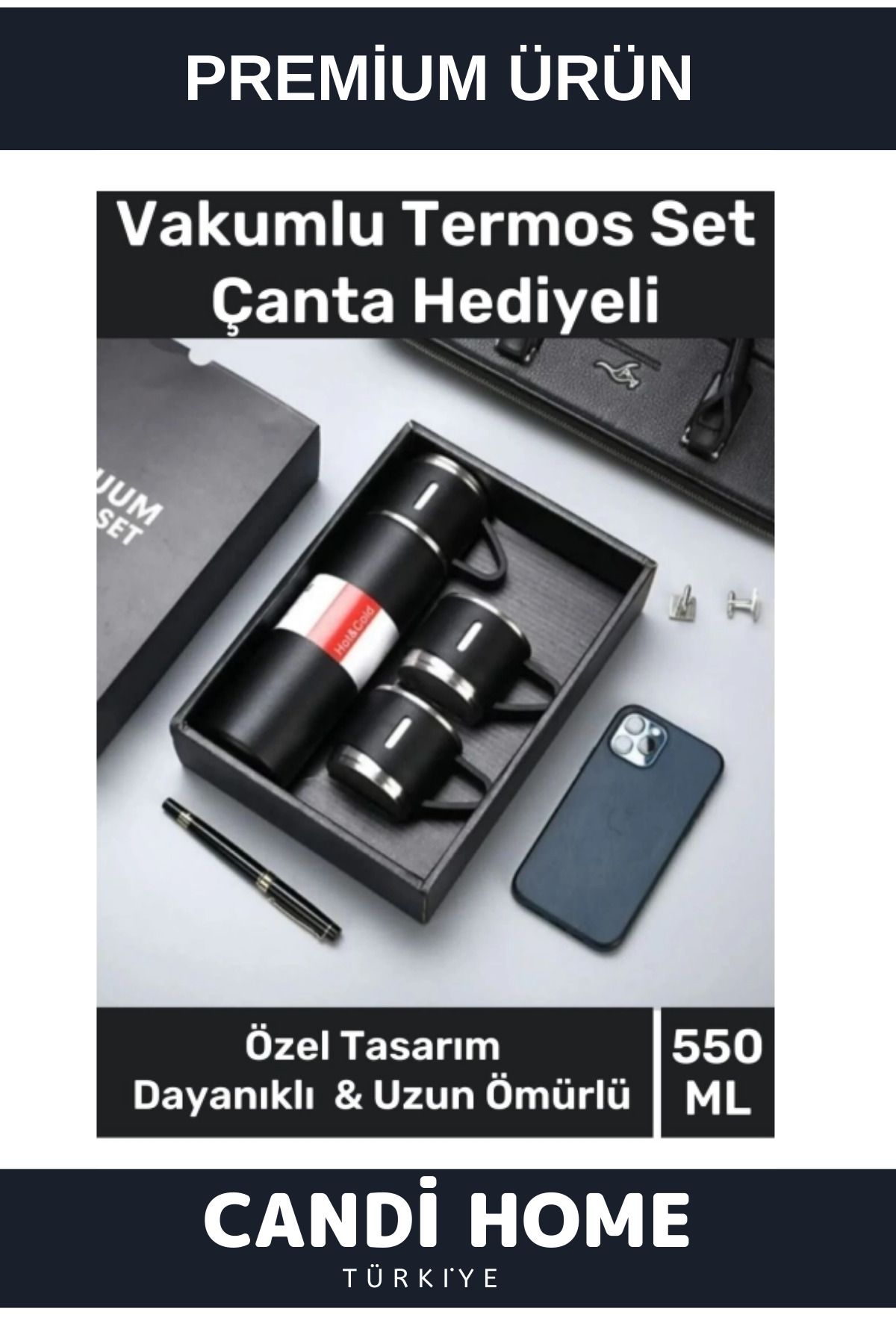 Premium Özel Seri Hediyelik Paslanmaz Çelik 550 Ml 3 Bardaklı Soğuk Sıcak Termos Set Çanta Hediyeli