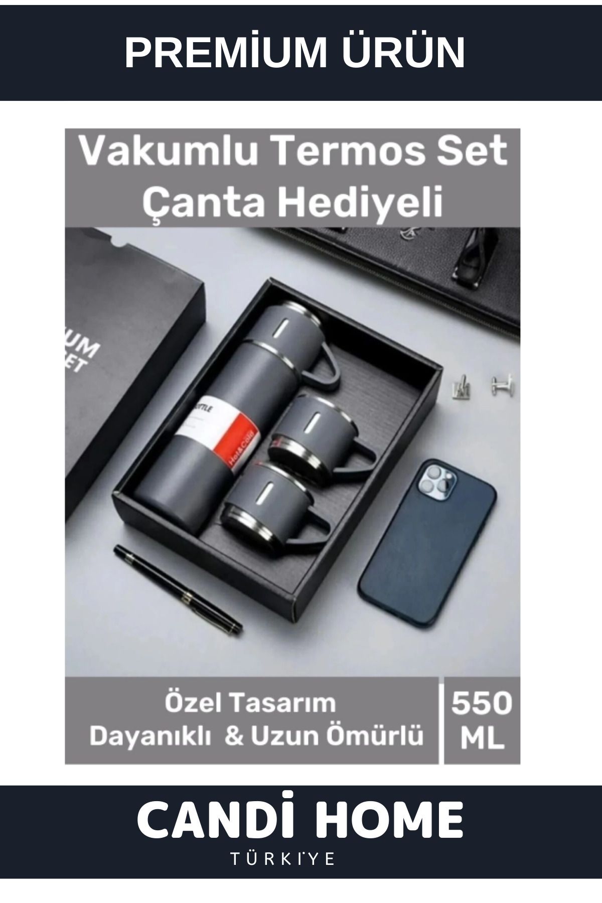 Premium Özel Seri Hediyelik Paslanmaz Çelik 550 Ml 3 Bardaklı Soğuk Sıcak Termos Set Çanta Hediyeli