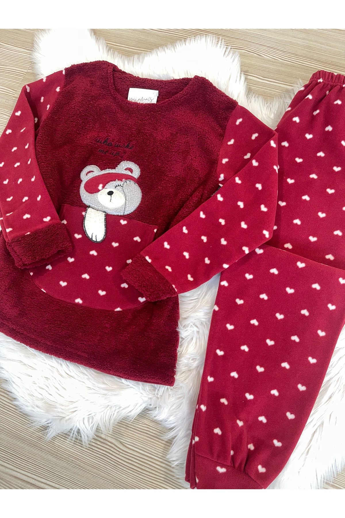 Bordo Kalp Desenli Ön Peluş Detaylı Polar Pijama Takımı