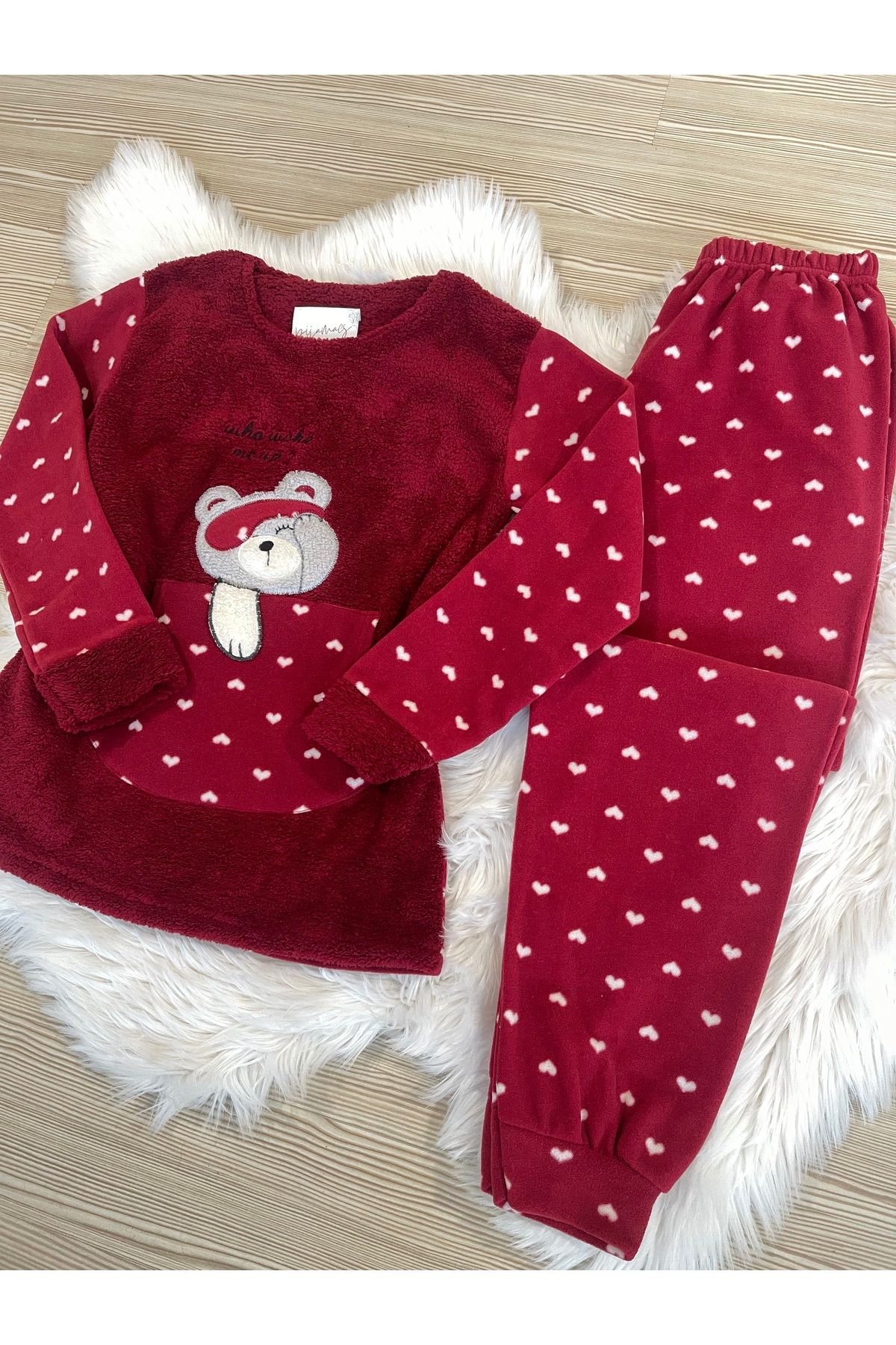 Bordo Kalp Desenli Ön Peluş Detaylı Polar Pijama Takımı