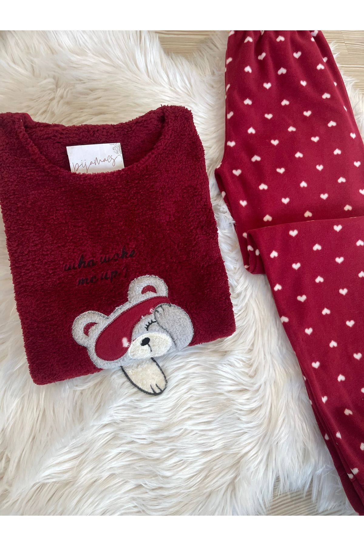 Bordo Kalp Desenli Ön Peluş Detaylı Polar Pijama Takımı