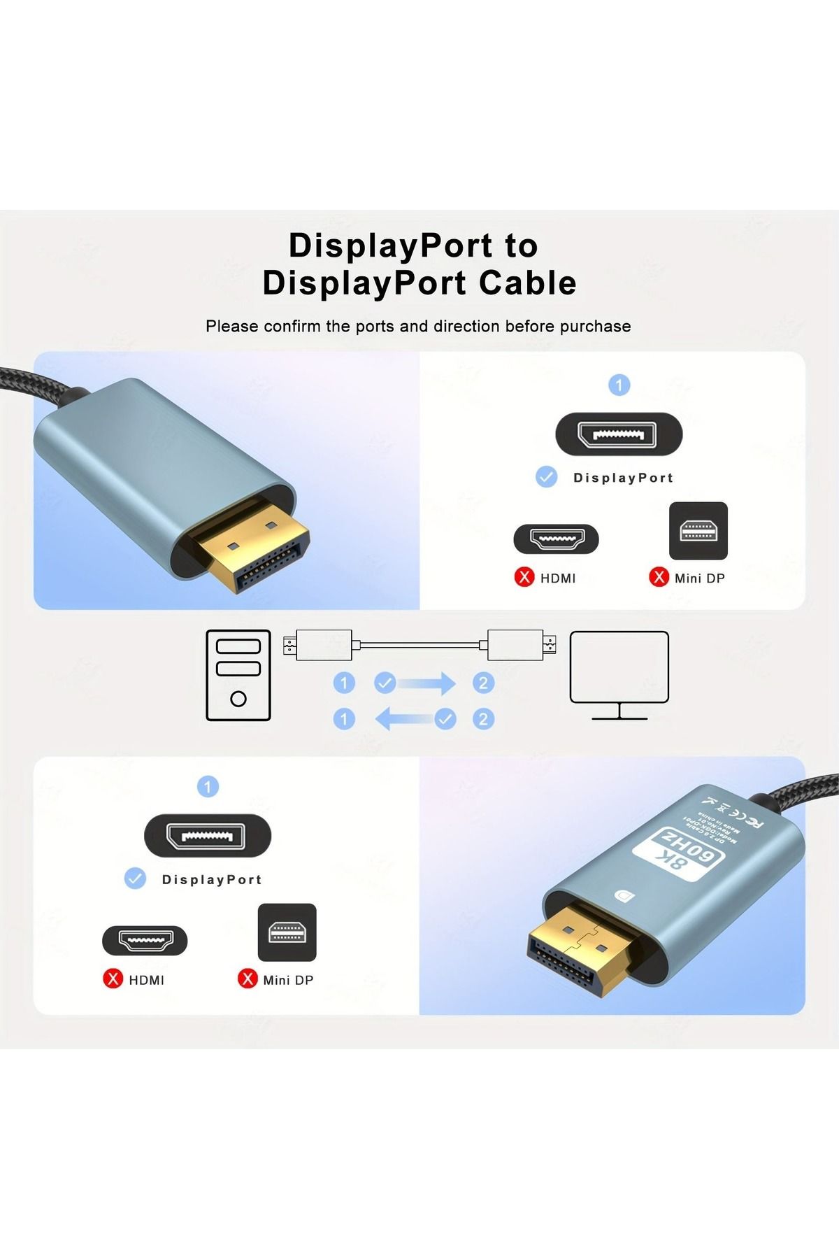 DP to DP Kablo, 8K 60Hz 200cm Yüksek Hızlı, Displayport Kablo 2 Metre ZR856