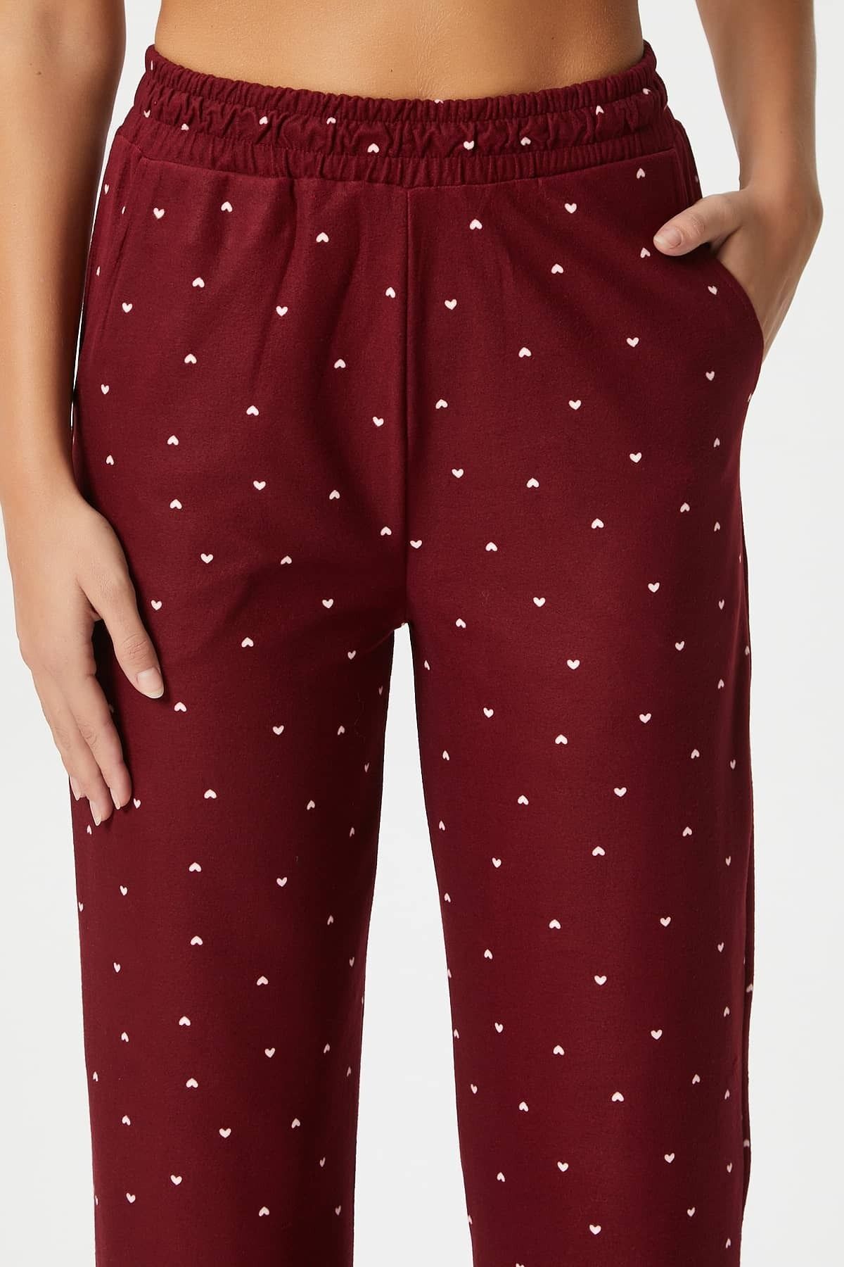 Kadın Teddi Ultra Yumuşak Cepli Bordo Kalp Desen Yılbaşı Pijama Altı