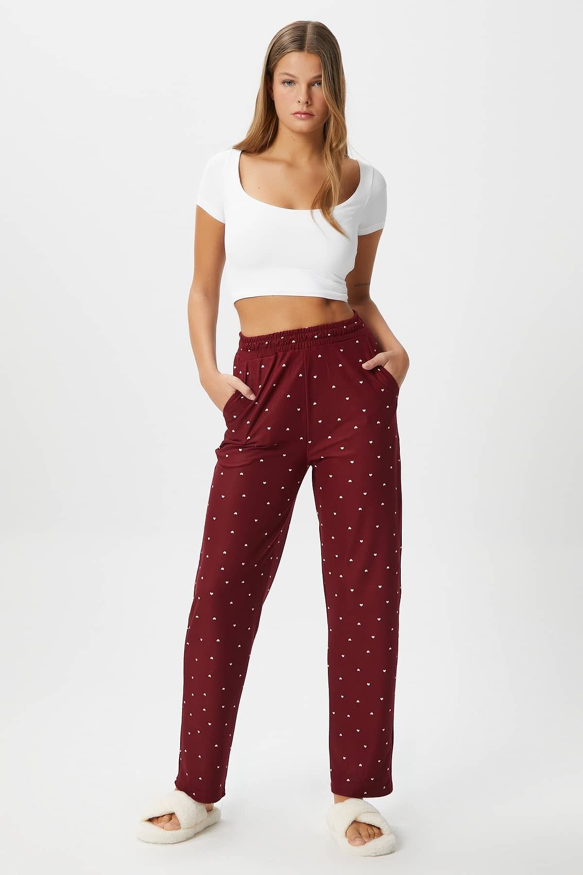 Kadın Teddi Ultra Yumuşak Cepli Bordo Kalp Desen Yılbaşı Pijama Altı