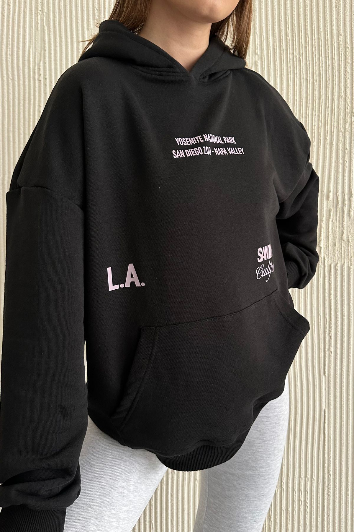 Oversize Kapüşonlu Baskılı Siyah Sweatshirt