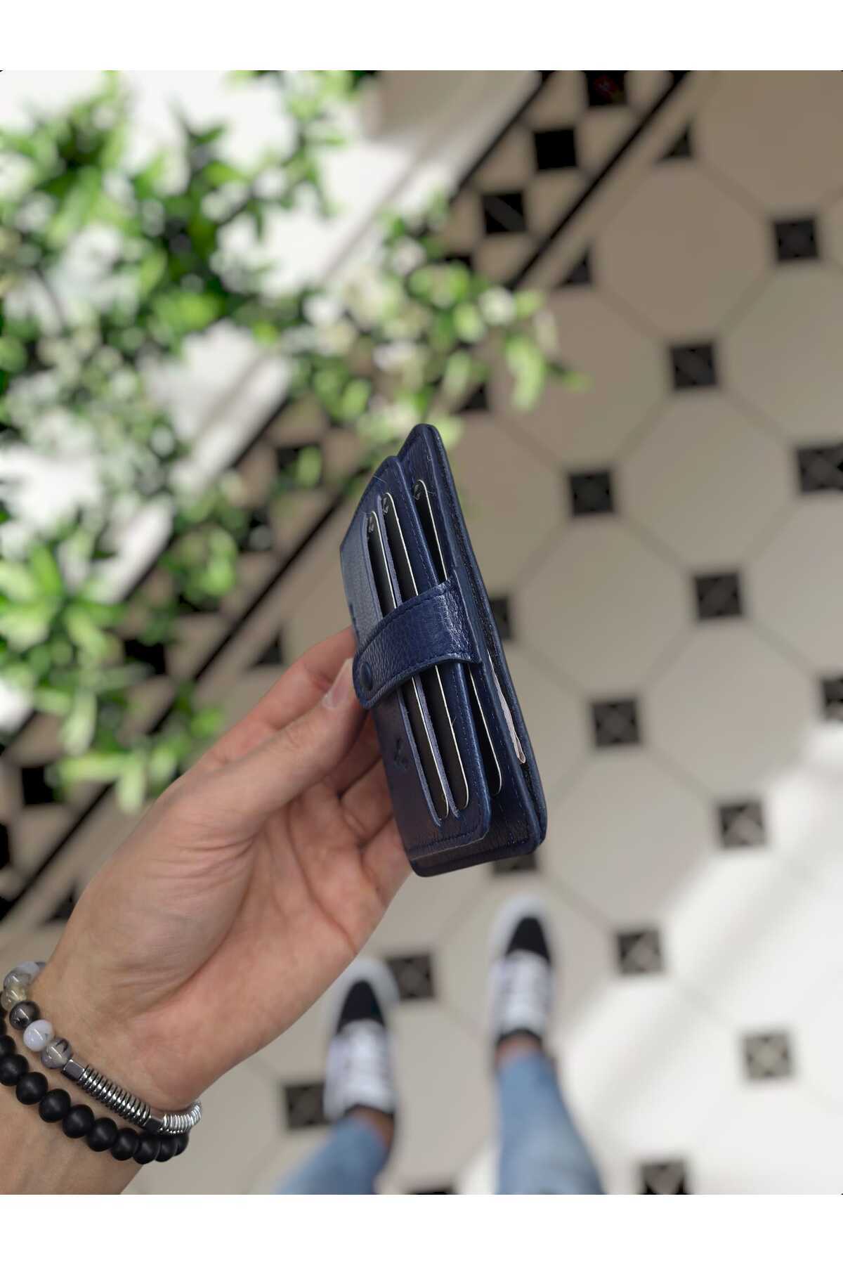 653 نگهدارنده کارت اعتباری محفظه چرمی واقعی کیف پول کیف پول Navy Blue Gutty + Keyring