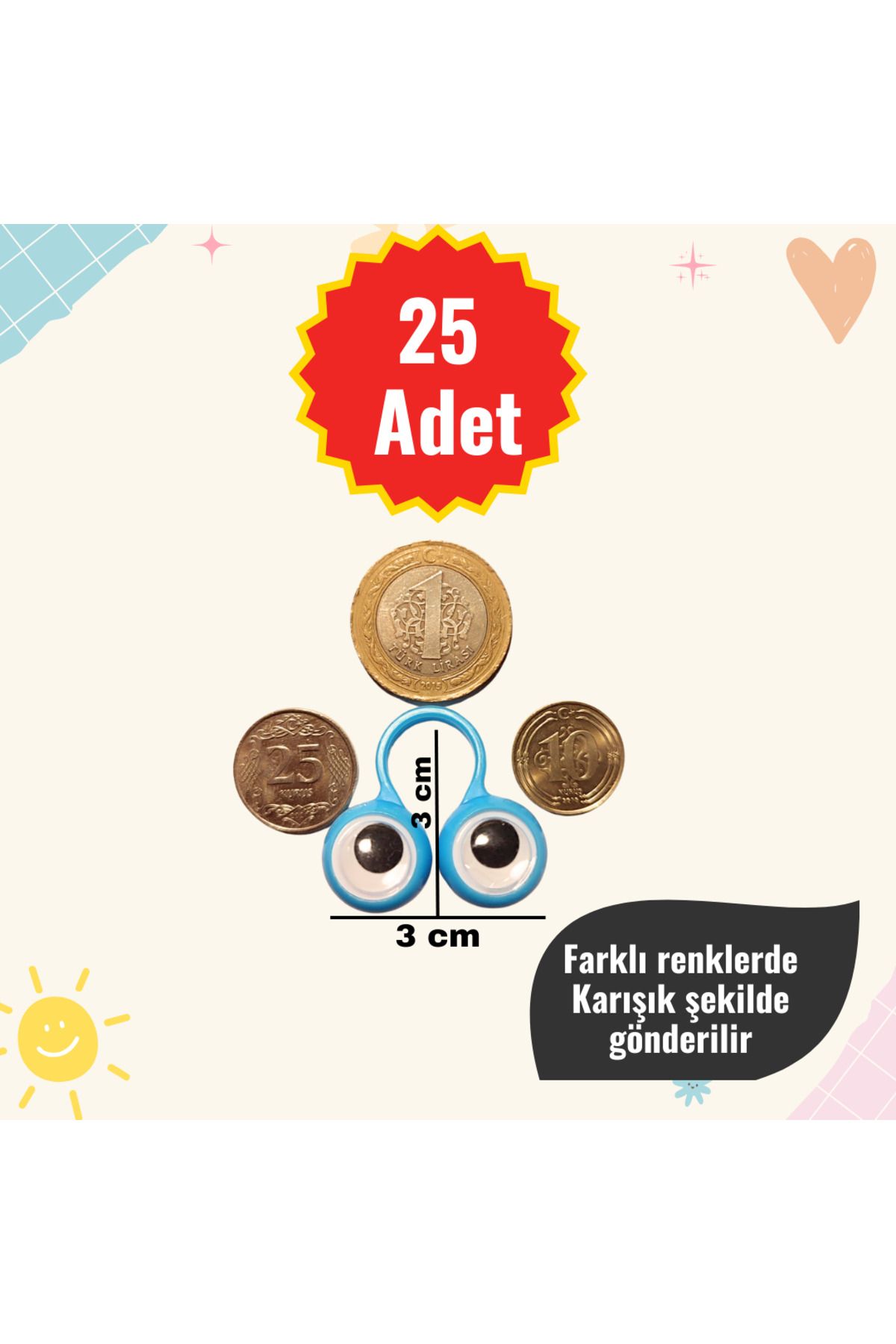 25 Adet (3CMX3CM)oynar Göz Kukla Toptan Öğrenci Hediyelik (YILBAŞI, KARNE, RAMAZAN VE PARTİ ÇANTASI)