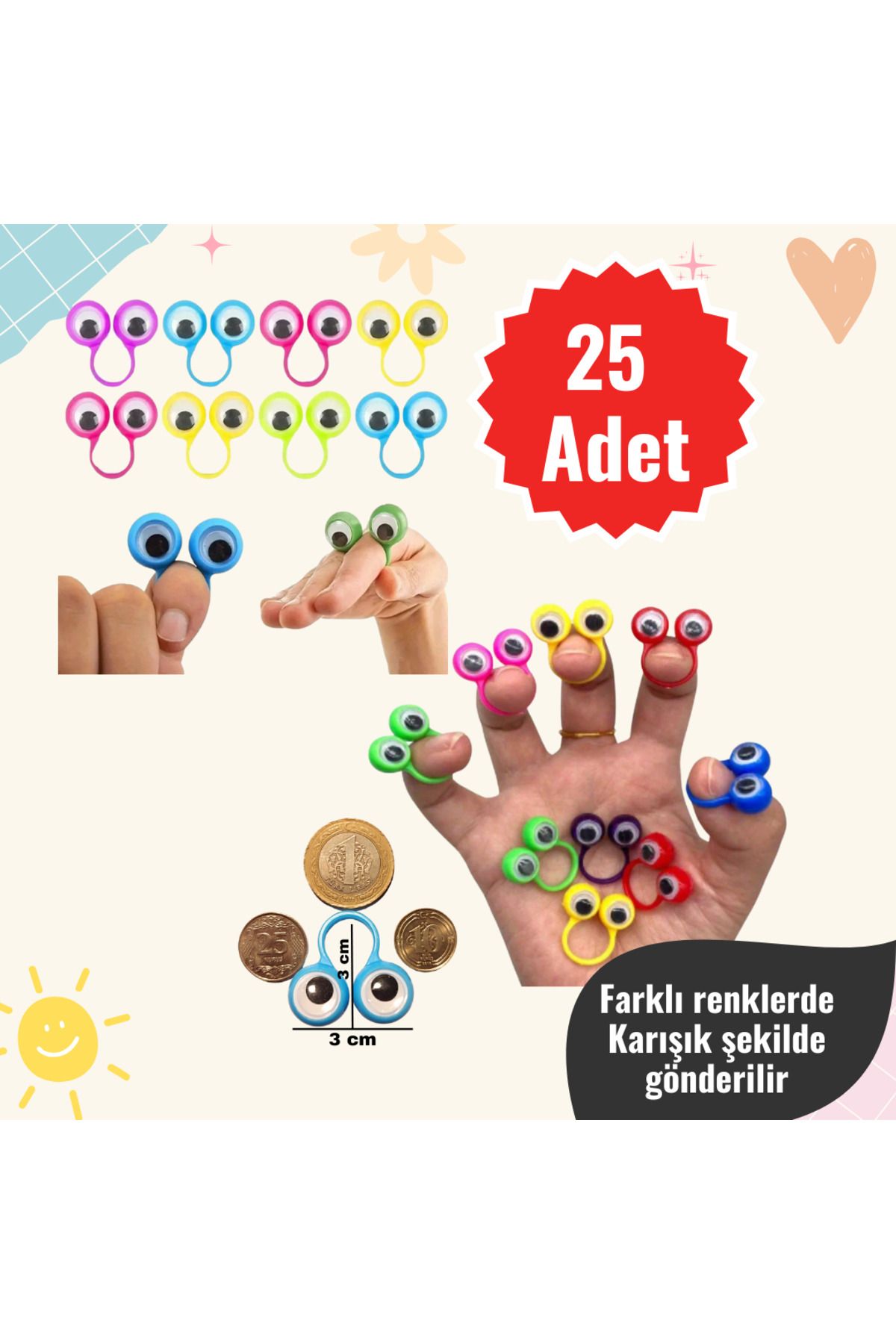 25 Adet (3CMX3CM)oynar Göz Kukla Toptan Öğrenci Hediyelik (YILBAŞI, KARNE, RAMAZAN VE PARTİ ÇANTASI)