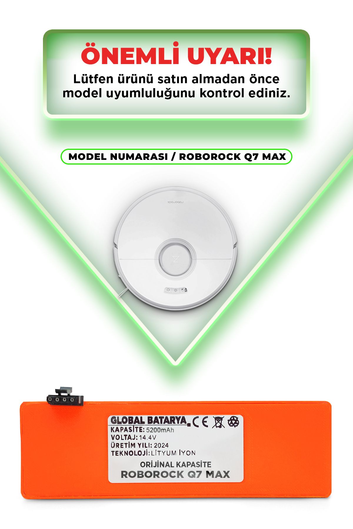 Roborock Q7 Max Uyumlu Akıllı Robot Süpürge Bataryası 14.4v 5200mAh Li-ion Pil (Orijinal Kapasite)