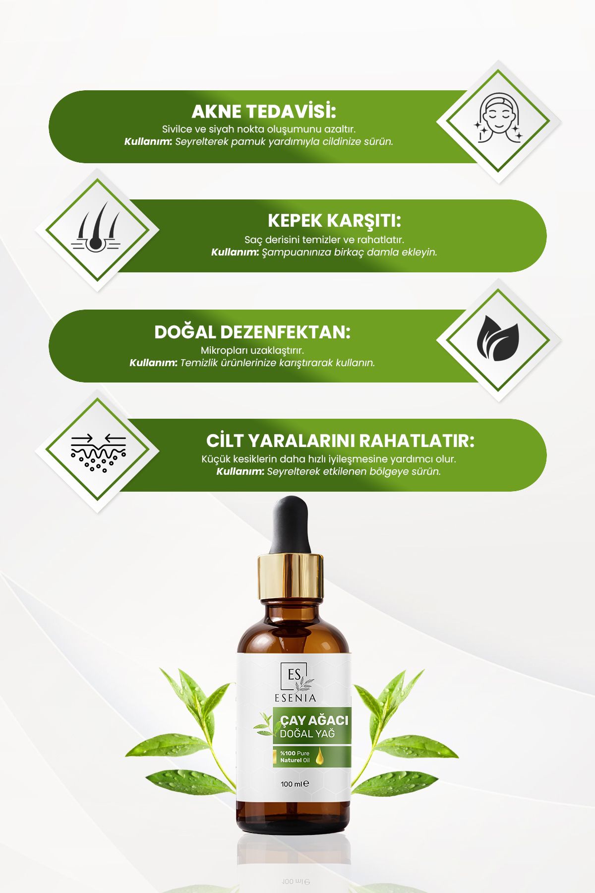 Çay Ağacı Yağı %100 Saf ve Doğal Bitkisel Uçucu Yağ Tea Tree Essential Oil 100ML