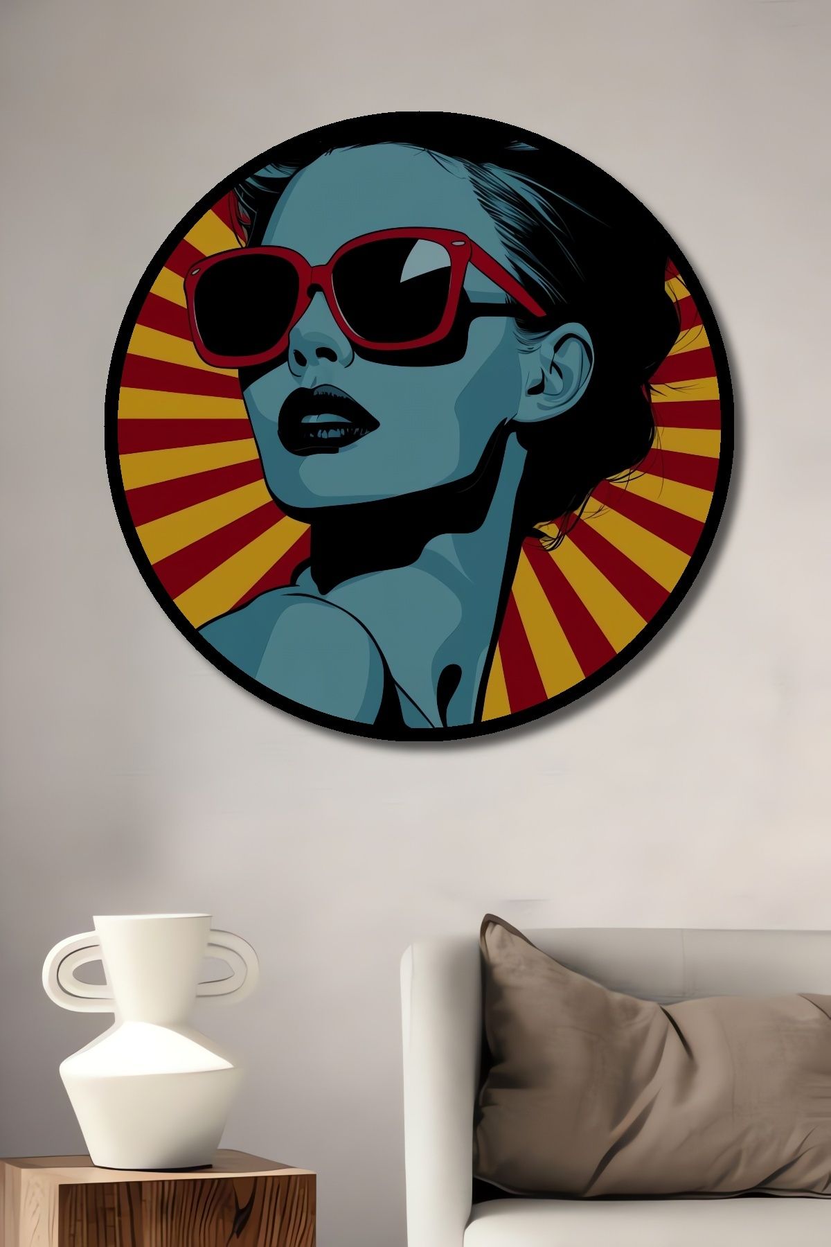 Retro Pop Art Gözlüklü Kadın Dekoratif Ahşap MDF Tablo Yuvarlak Tablo