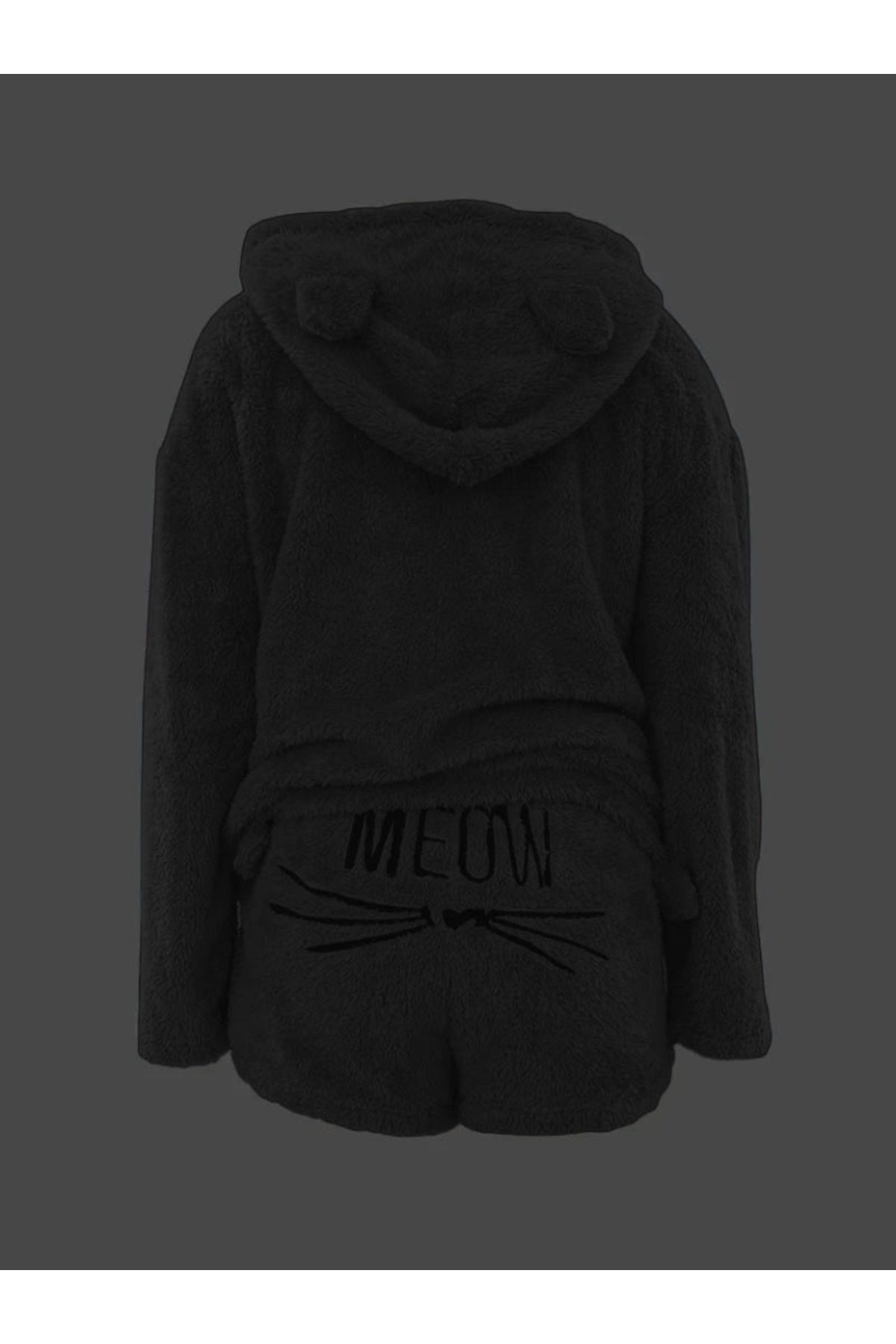 Kadın Uzun Kollu Meow Kedi Nakışlı Kapşonlu Peluş Sweat Ve Short Ikili Takım