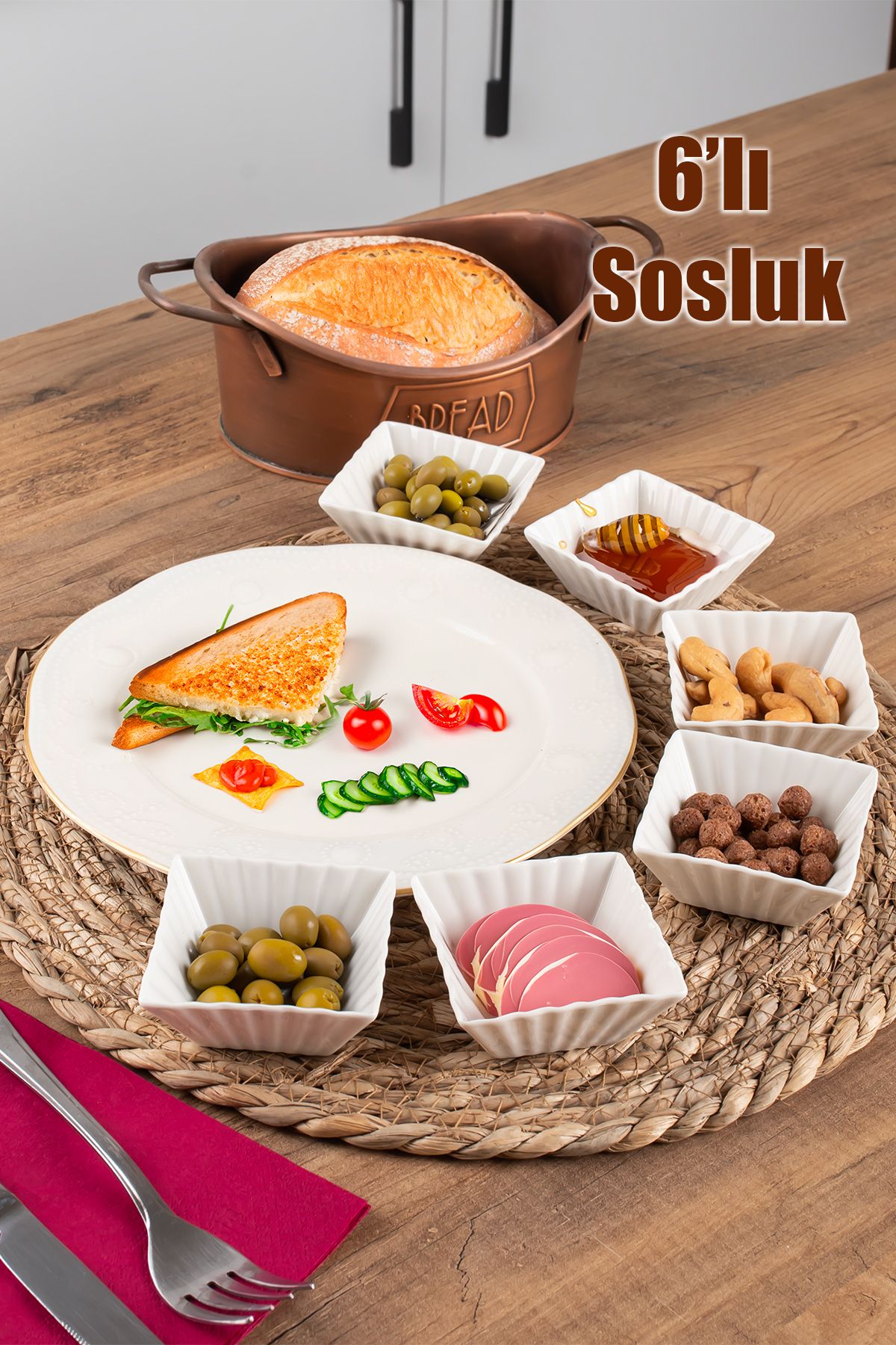 15690bone Porselen 6lı Mini Sunumluk Kahvaltılık Şekerlik Reçellik Sosluk Çerezlik Kase Seti 7x7x3cm