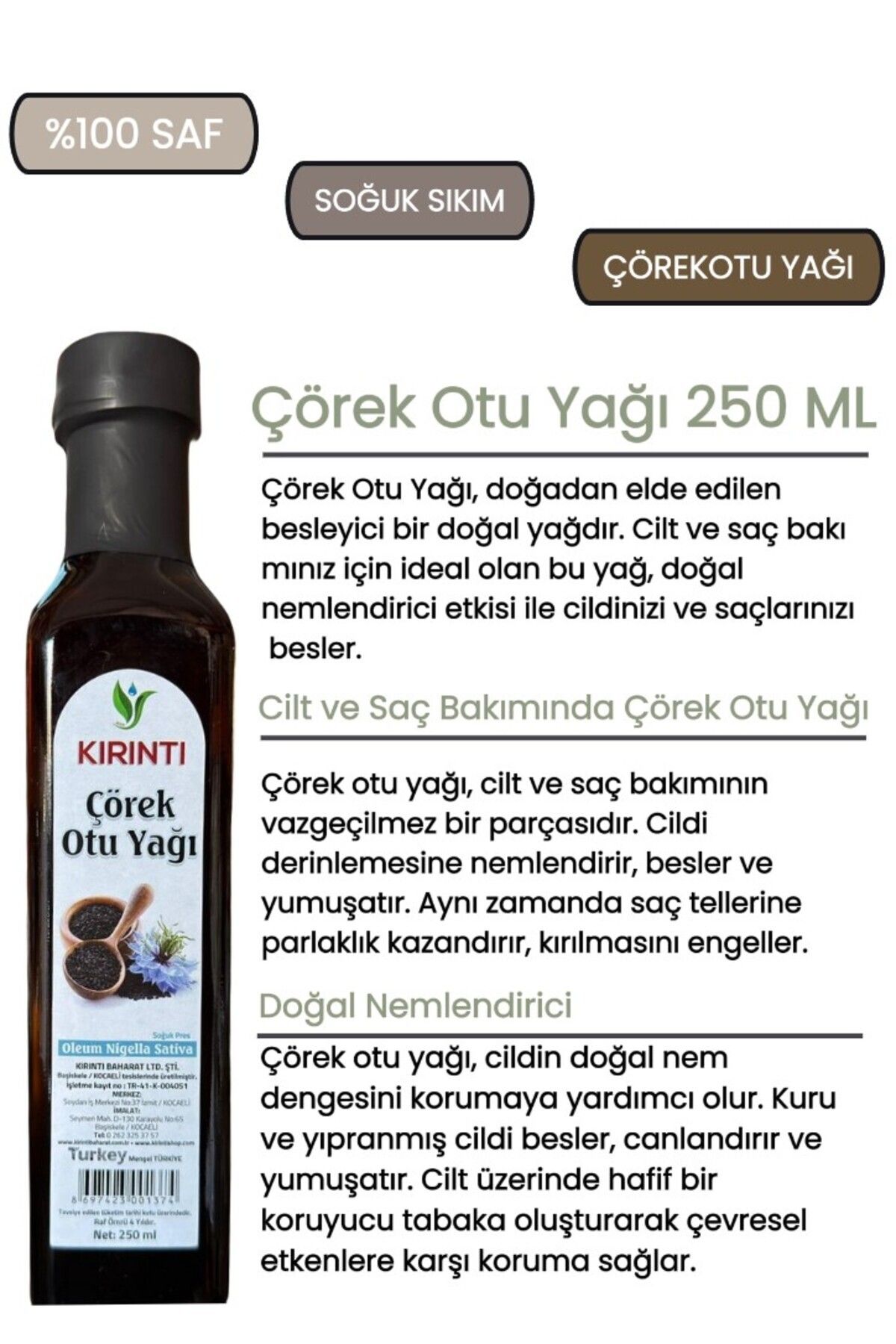 Çörek Otu Yağı 250 ml %100 Doğal Saf Yerli Soğuk Sıkım