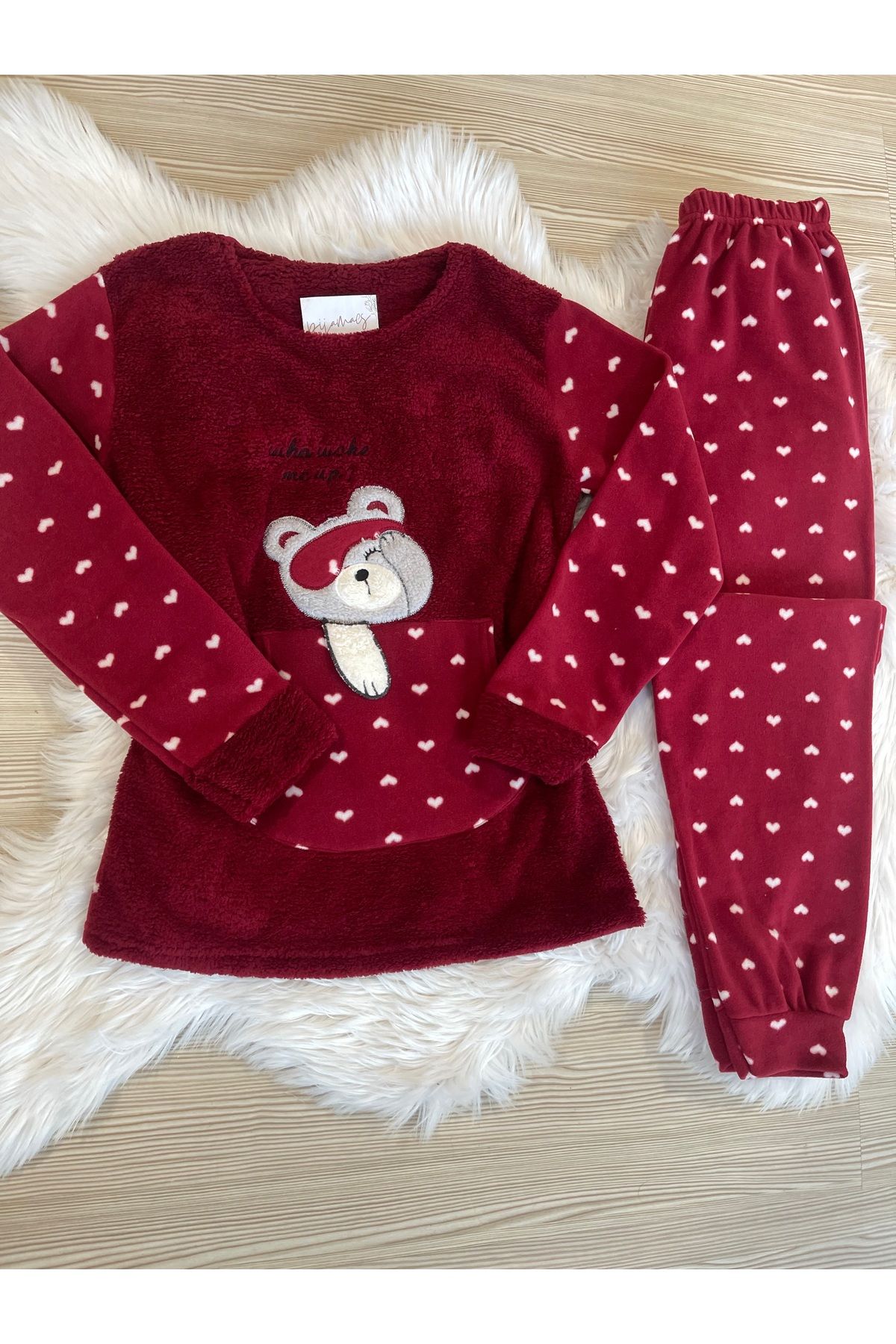 Bordo Kalp Desenli Ön Peluş Detaylı Polar Pijama Takımı