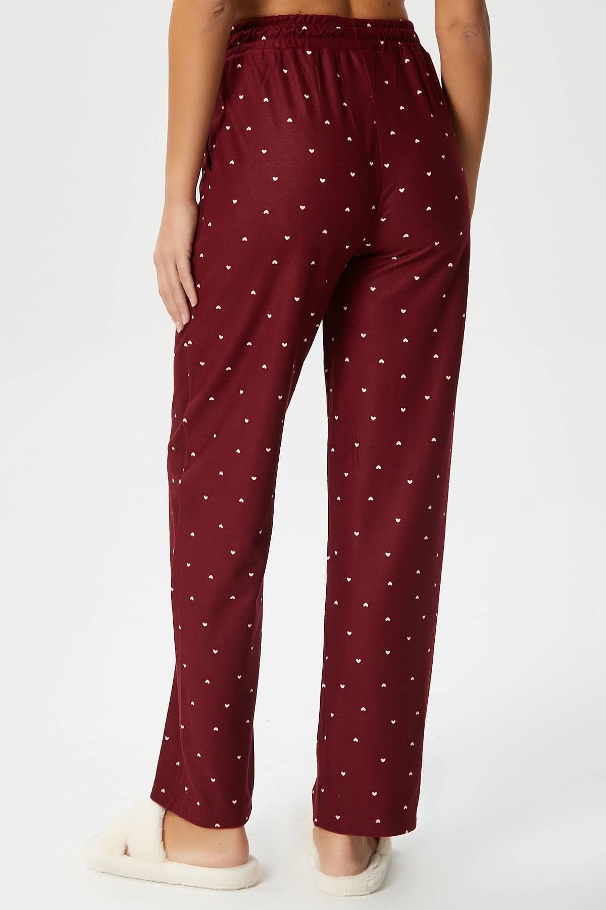 Kadın Teddi Ultra Yumuşak Cepli Bordo Kalp Desen Yılbaşı Pijama Altı