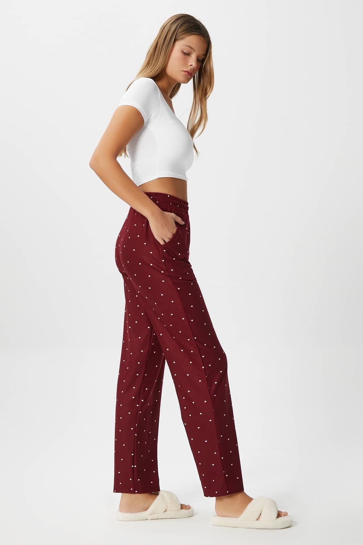 Kadın Teddi Ultra Yumuşak Cepli Bordo Kalp Desen Yılbaşı Pijama Altı