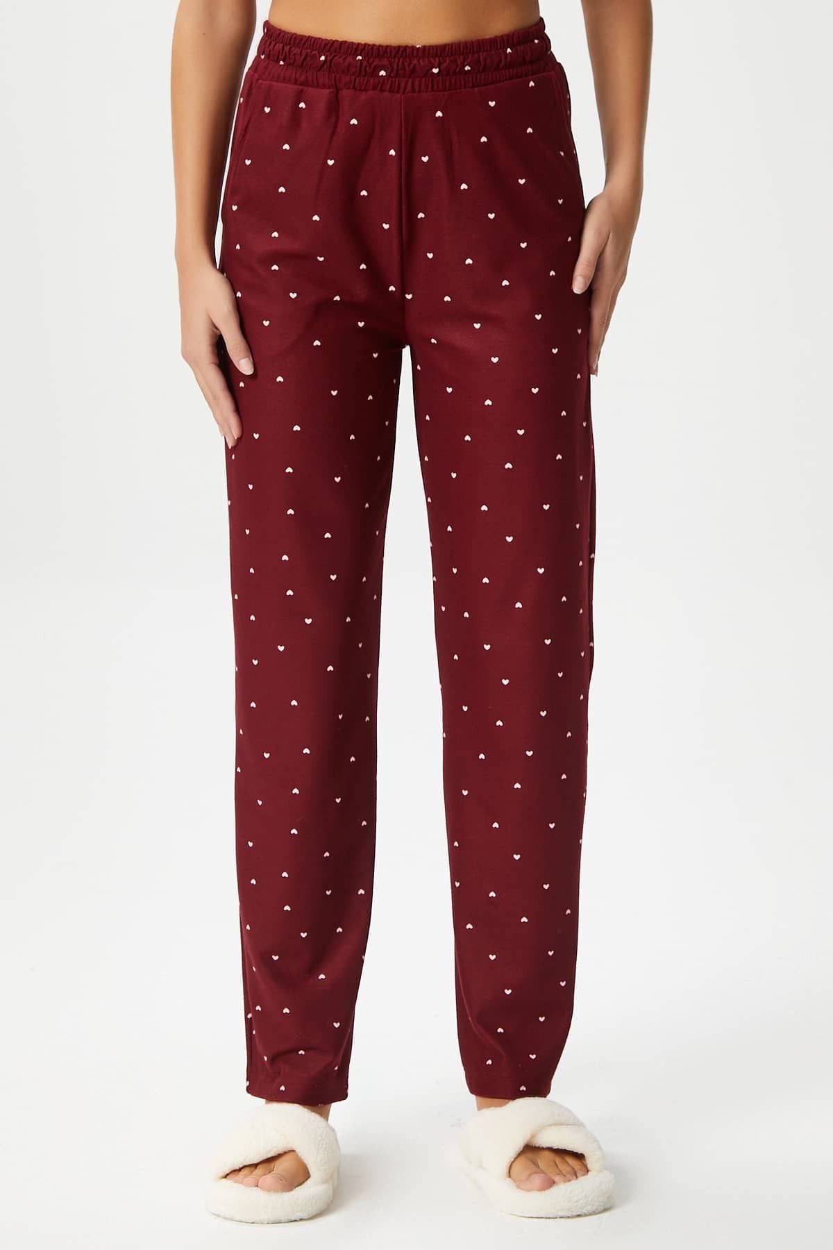 Kadın Teddi Ultra Yumuşak Cepli Bordo Kalp Desen Yılbaşı Pijama Altı