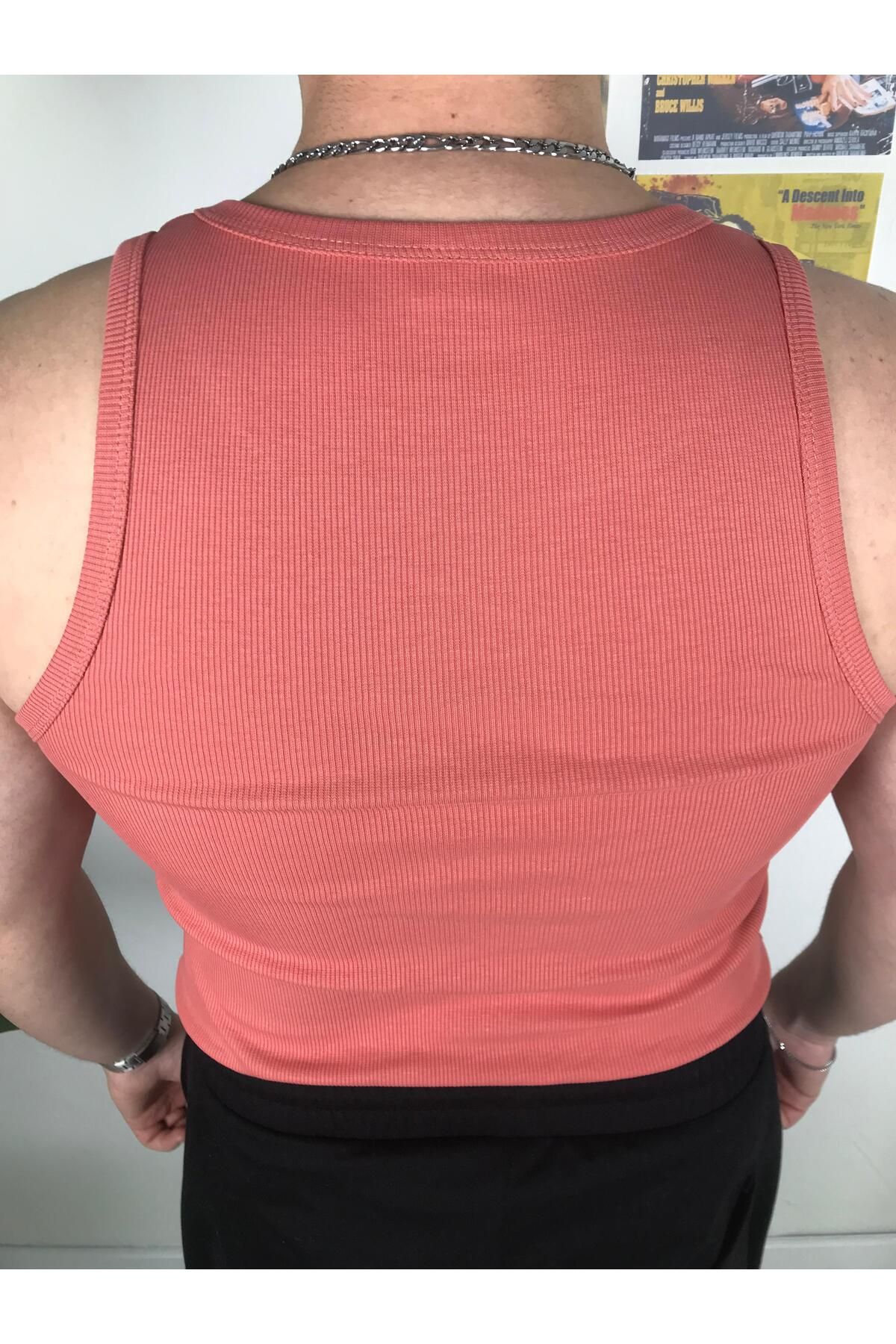 Erkek Kiremit Fitilli Atlet - Likralı Pamuk Kaşkorse Halter Yaka Tank Top Atlet