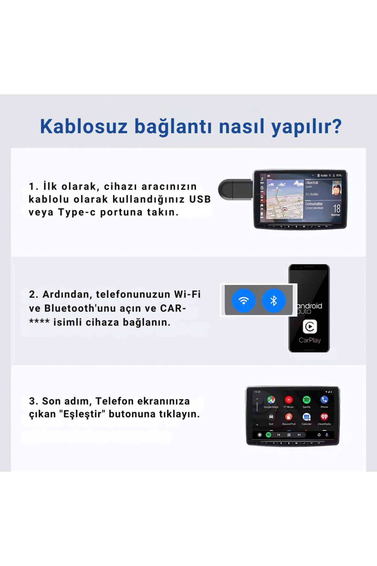 Araç Içi 2in1 Android ve Apple Cihazlar Için Kablosuz Android Auto ve Carplay Adaptörü