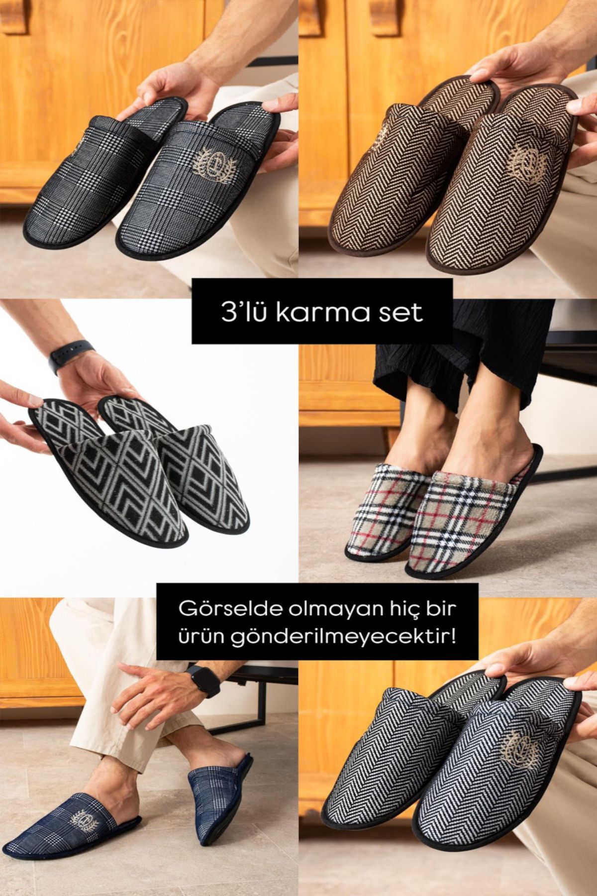 3'lü Paket Erkek Terlik Damat Kışlık Halı Ev Terliği Çeyiz Bohça Seti Misafir Terliği.