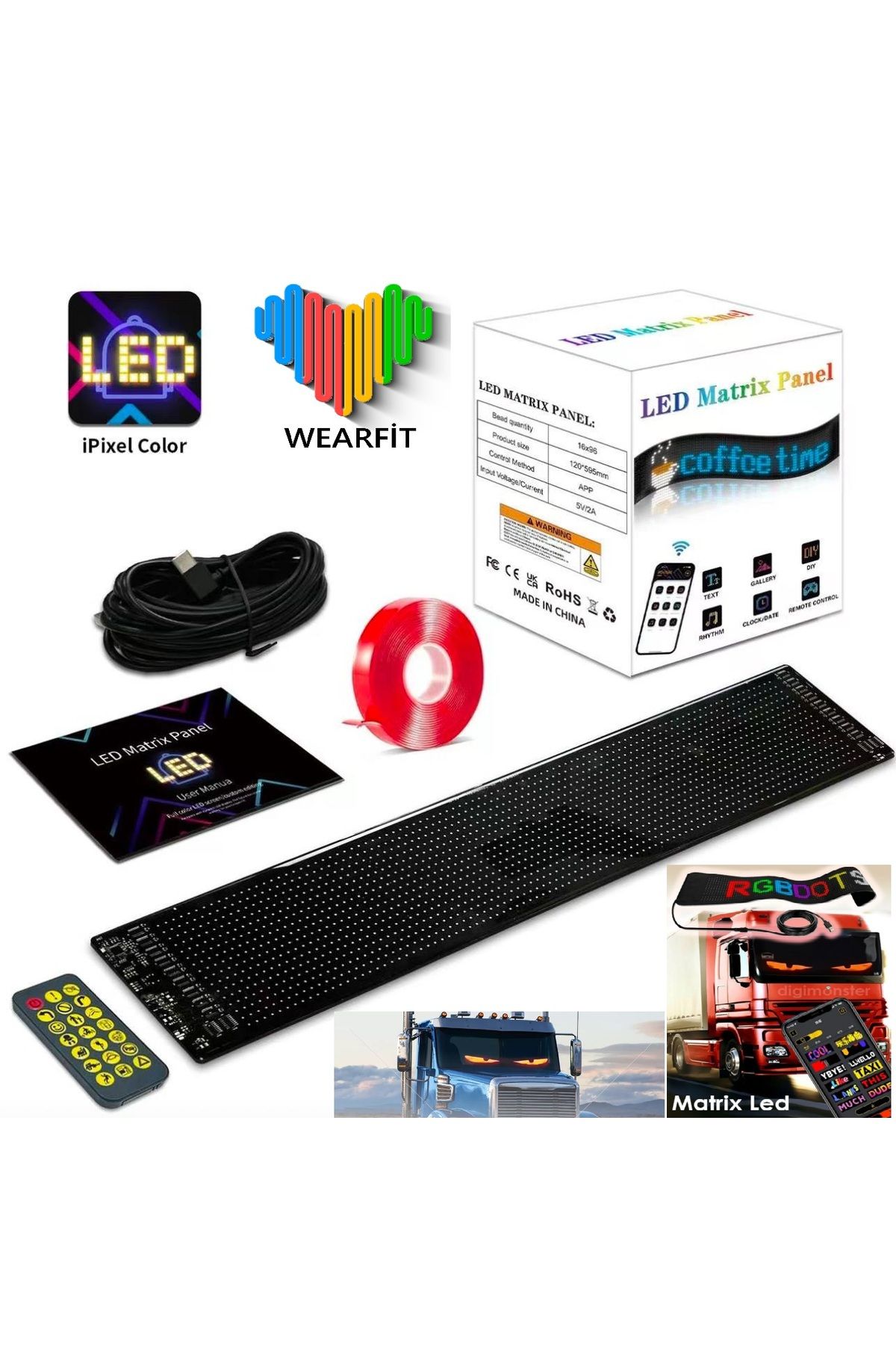 Matrix LED Panel Cama Yapışan Telefon Kontrollü Otomobil Led,Tırcı Kamyon Led Uznluk17cm-Geniş7cm