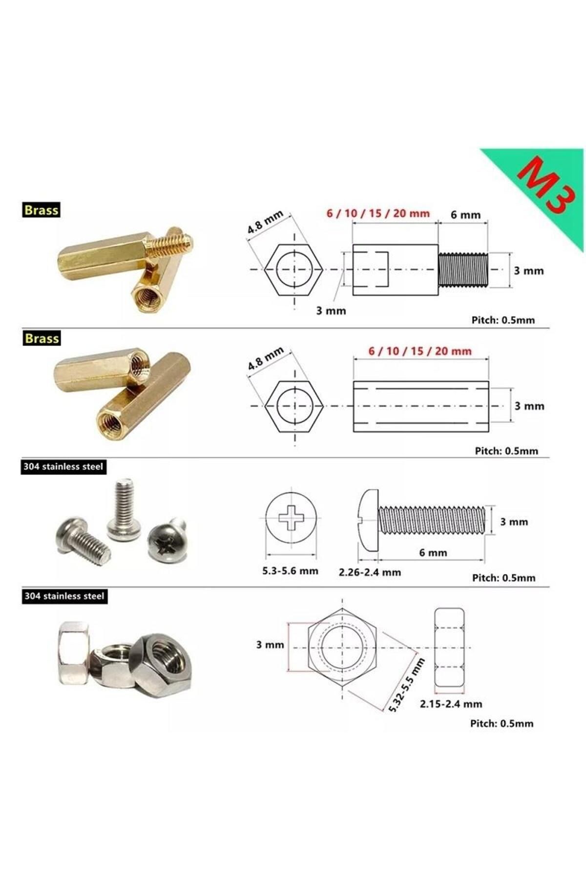 120 Adet M3 Metal Distans Vida Somun Seti Aralıyıcı Stand off 10 Çeşit Şeffaf Çantada