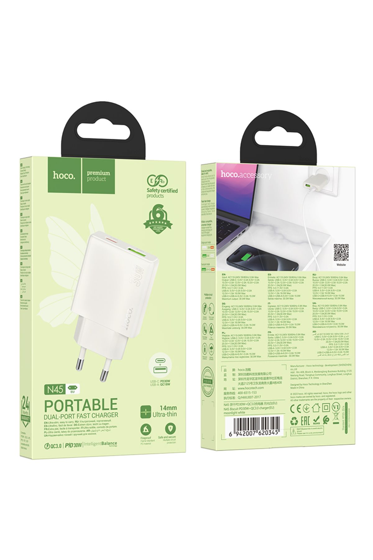 N45 PD30W + QC3.0 USB-C + USB-A Hızlı Şarj Adaptörü